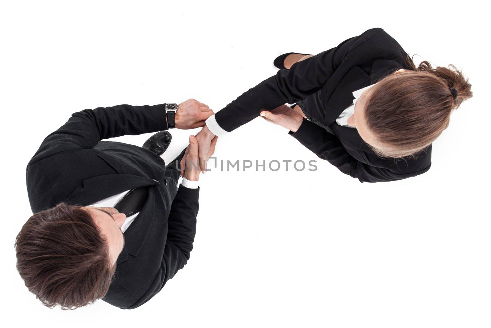 Top view of business man and woman shaking hands isolated on white background