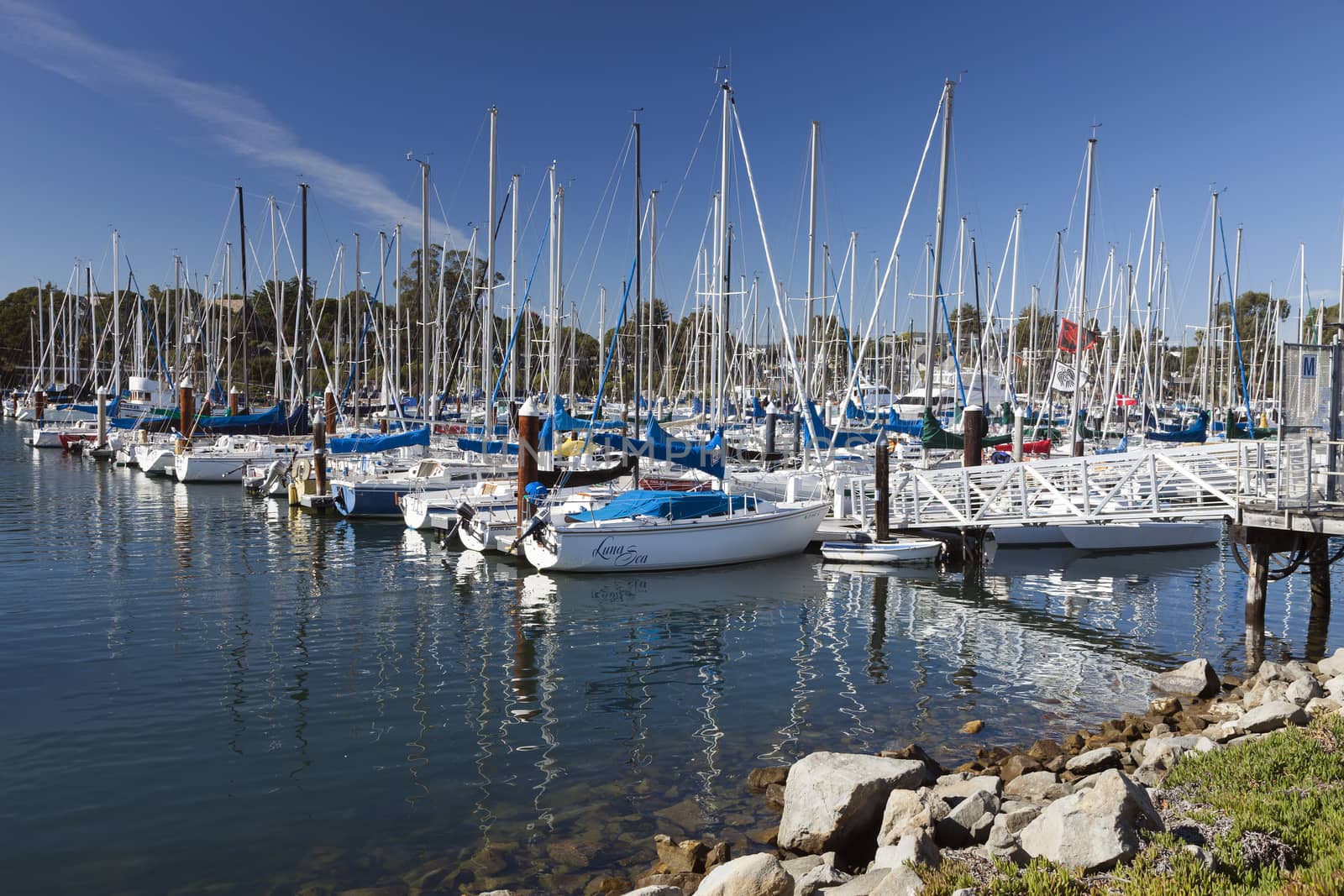 Santa Cruz, California, USA-November 8, 2014 : Sailboat harbor in Santa Cruz constructed in 1964, and expanded in 1973, the harbor provides over 800 permanent slips.