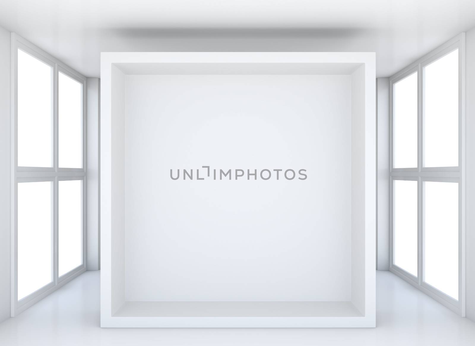 Exhibit showcase in clean blank interior room with large windows and reflection floor. White background behind window. 3D rendering