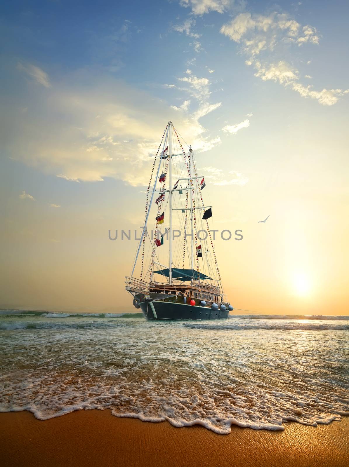 Sailing ship on the waves of Indian ocean
