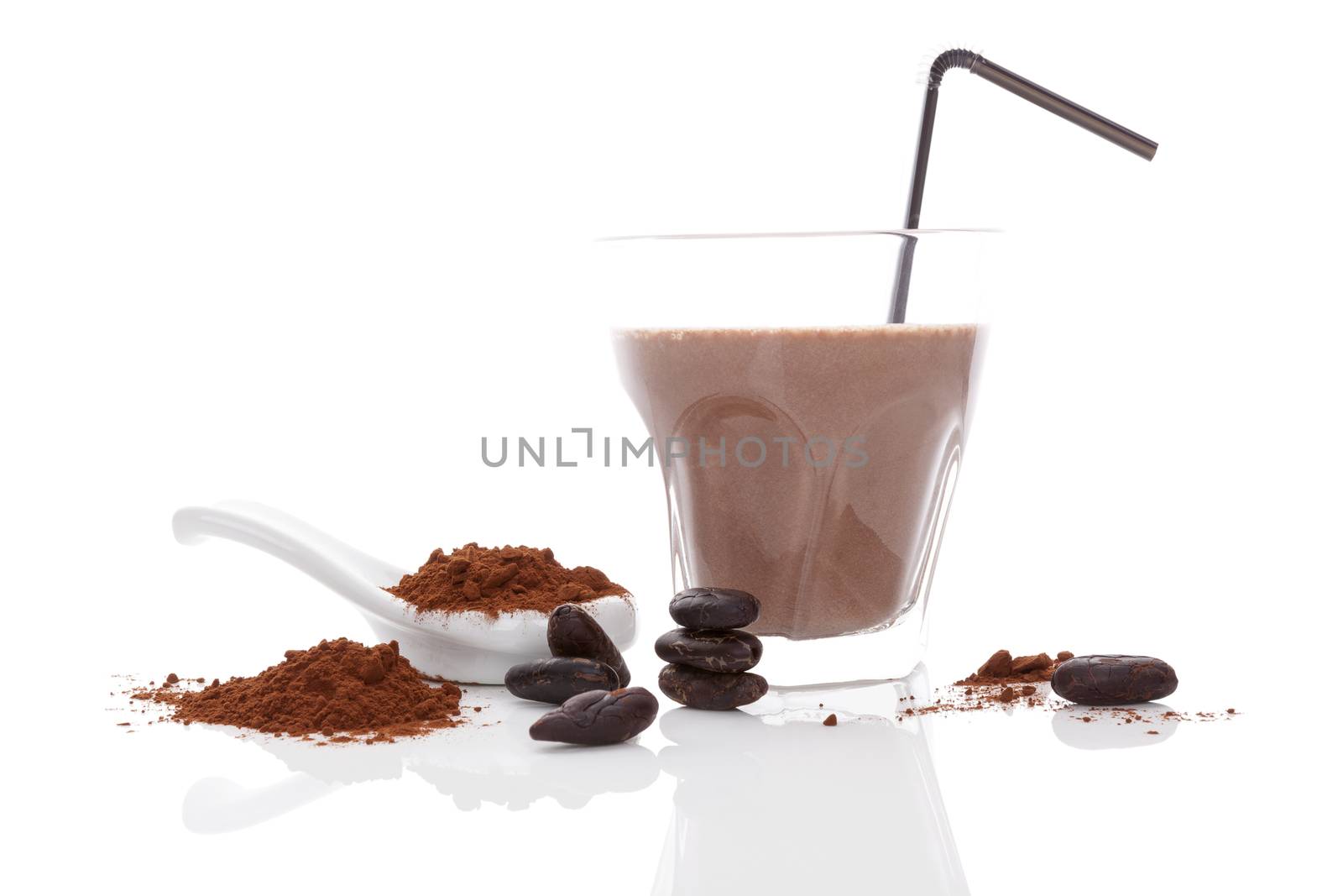 Cocoa drink, beans and powder isolated on white background. Culinary cocoa drinking