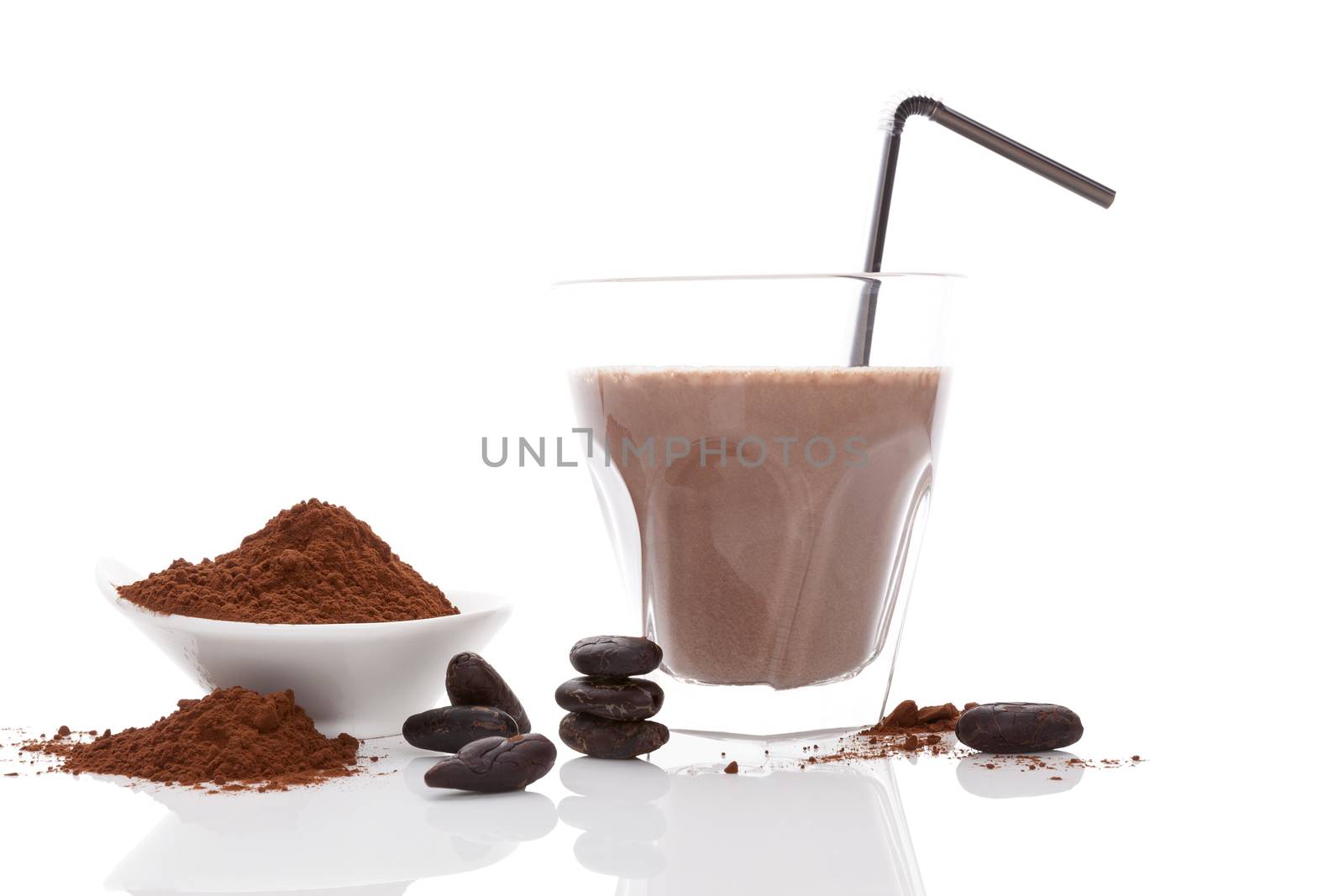 Cocoa drink, beans and powder isolated on white background. Culinary cocoa drinking