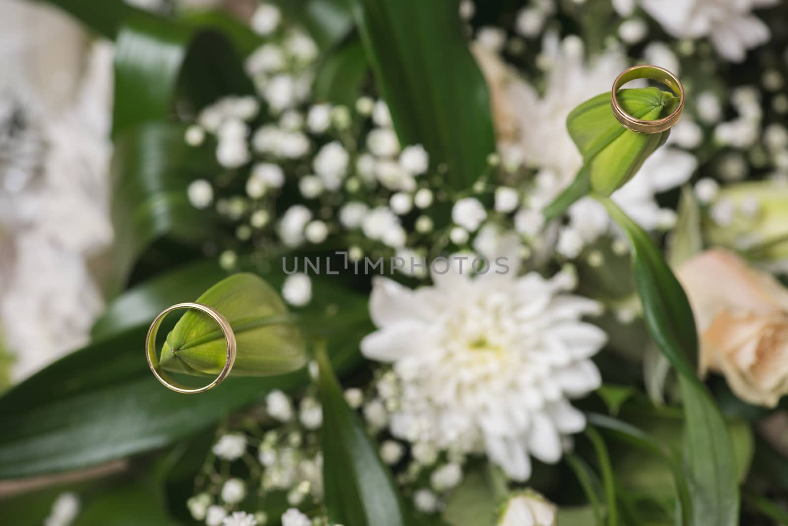 Wedding rings  laying on  bouquet. Macro shot.