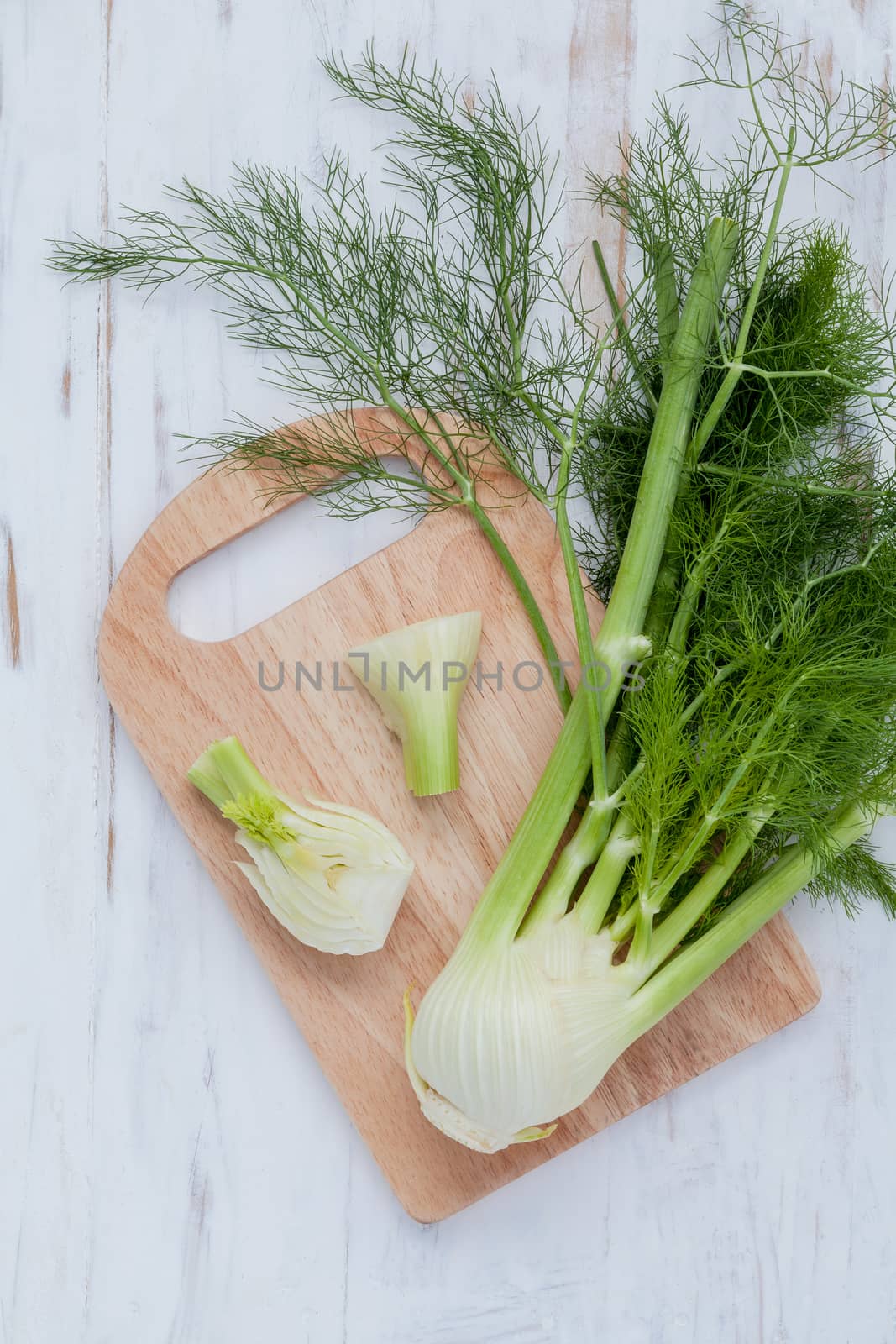 Fresh organic fennel bulbs for culinary purposes on wooden background.