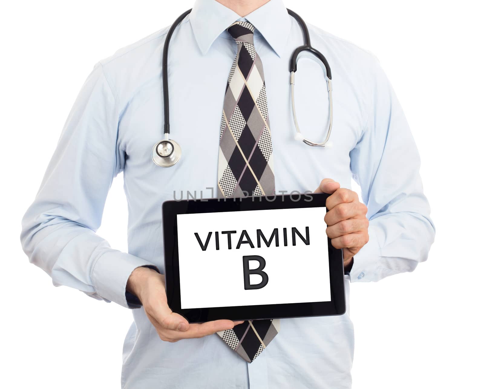 Doctor, isolated on white backgroun,  holding digital tablet - Vitamin B