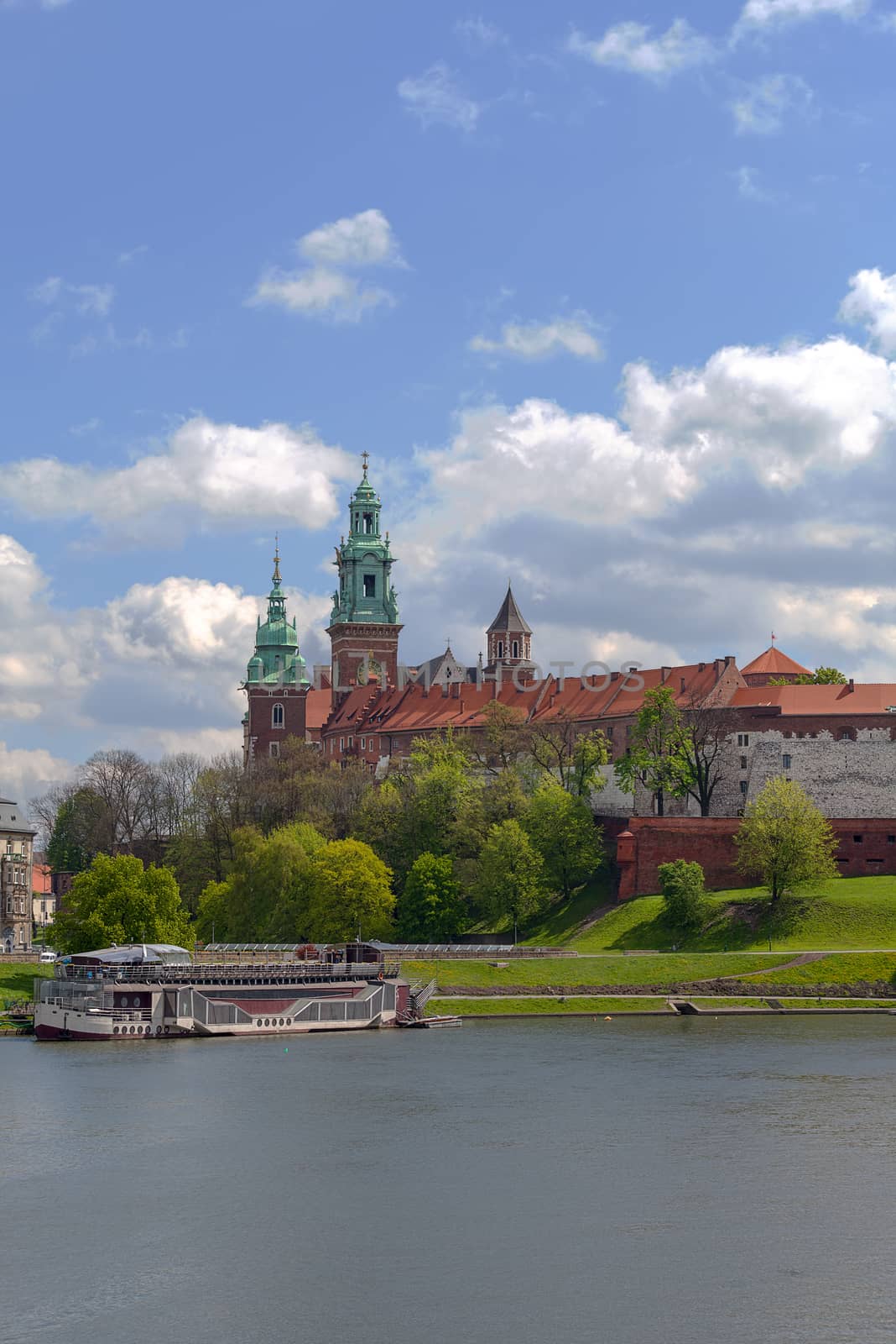 View on Wawel Royal Castle and Vistula boulevards, Krakow, Poland.