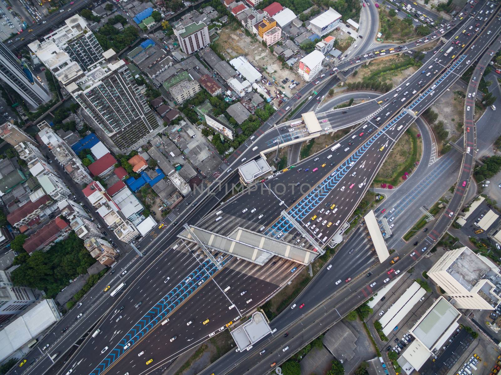 aerial view of traffic junction and transportation road in city, top and birdeyes view shot 90 degree