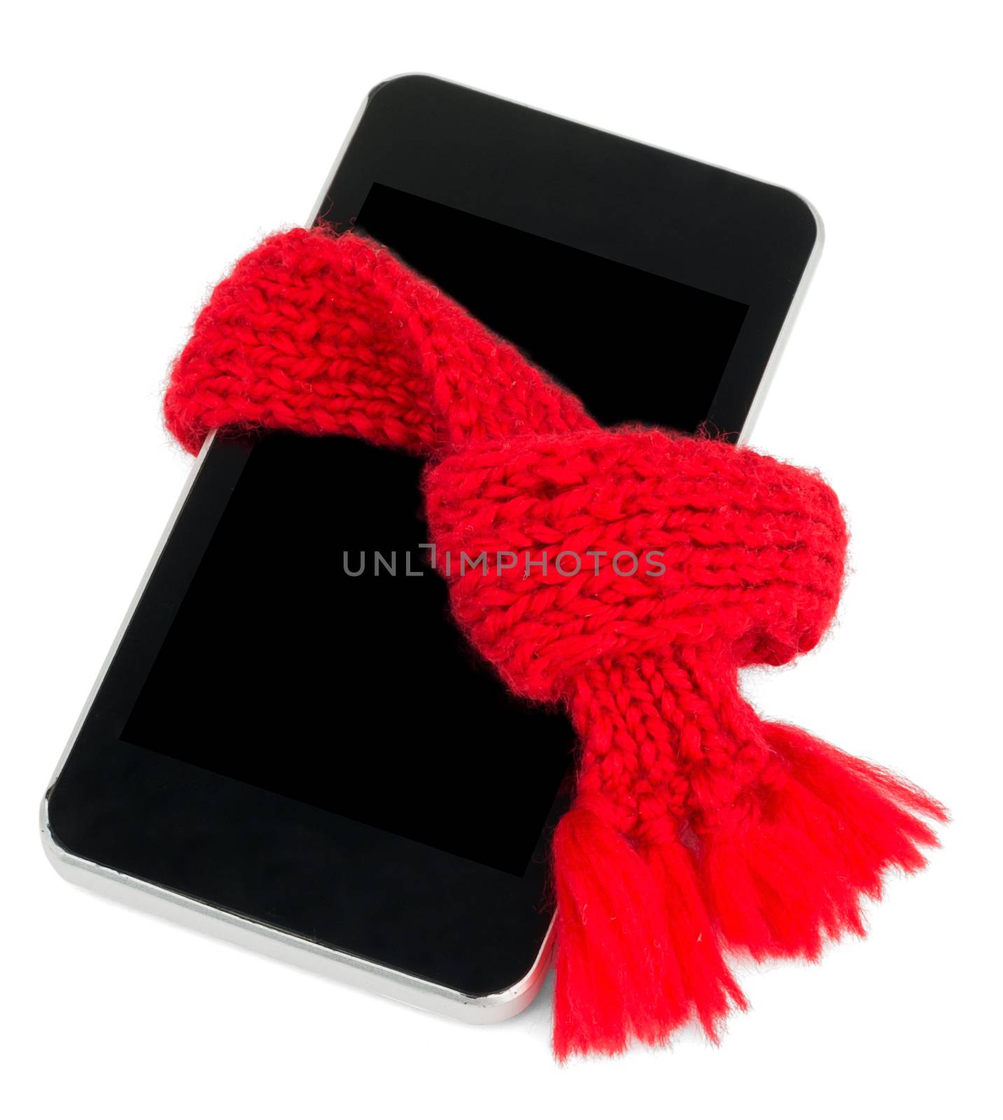 Smartphone with red scarf. Service concept by cherezoff