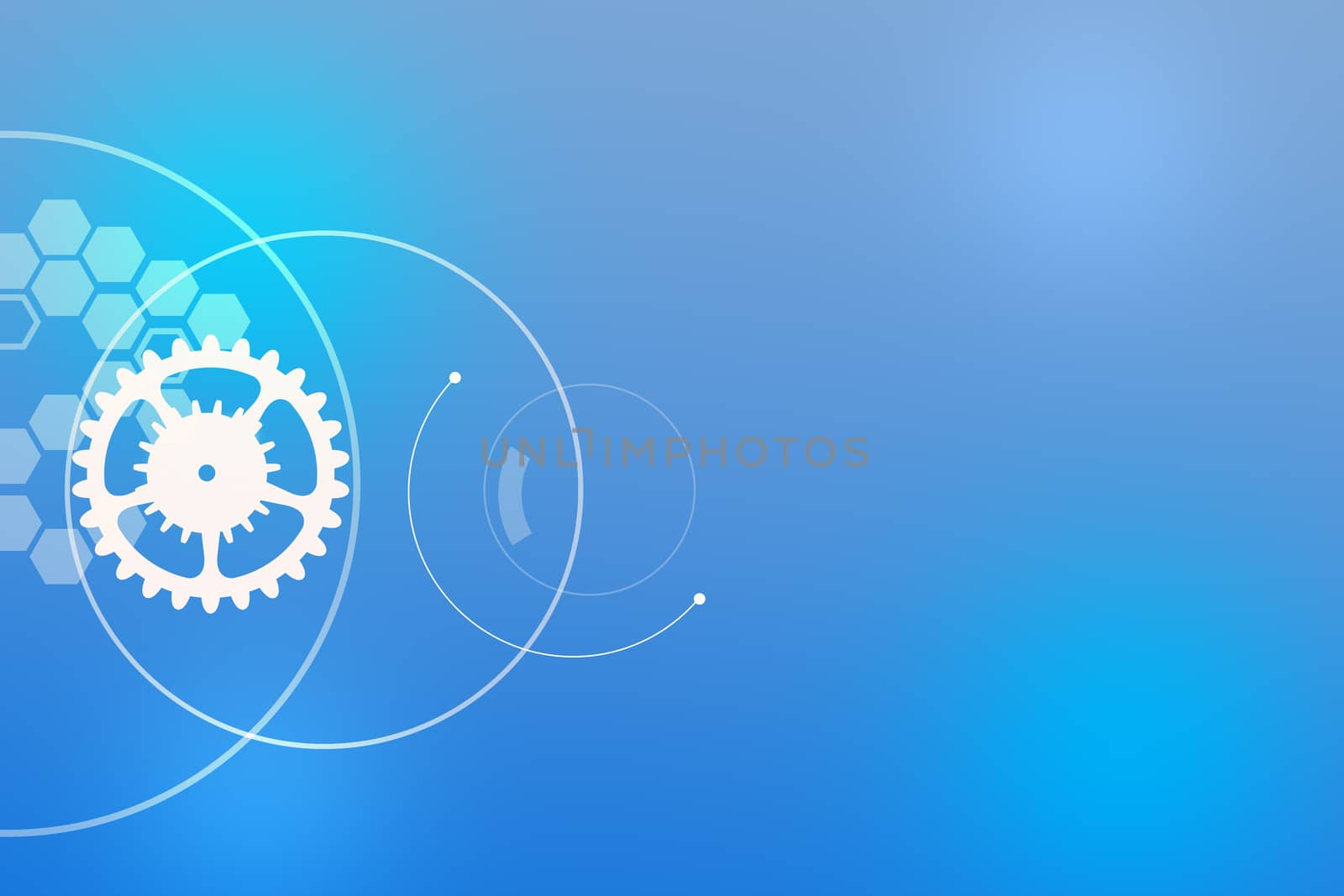 Illustration gear wheel, hexagons and circles. Abstract futuristic on light blue color background