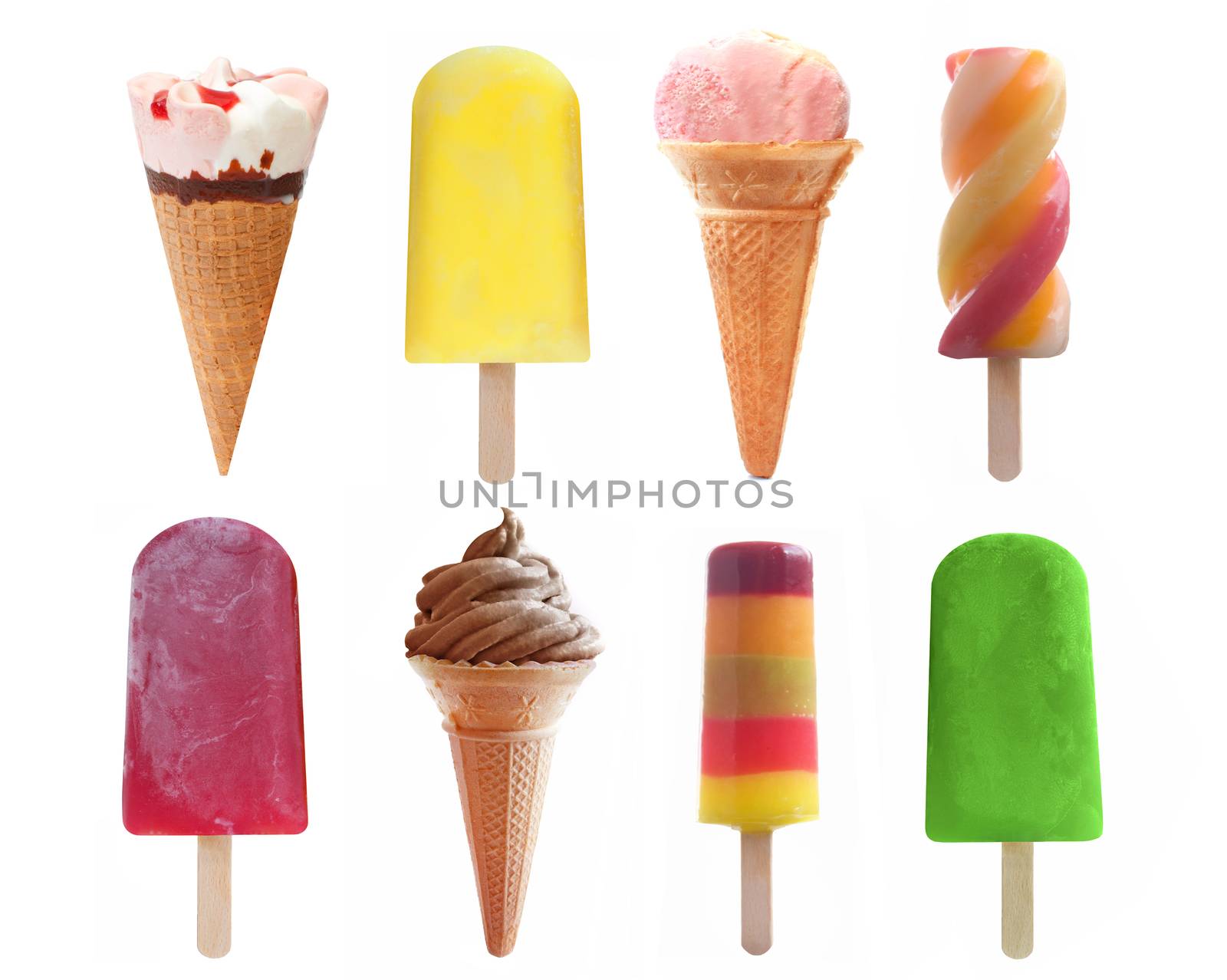 Various types of icecream, ice lollies and popsicle flavors as a selection over a white background