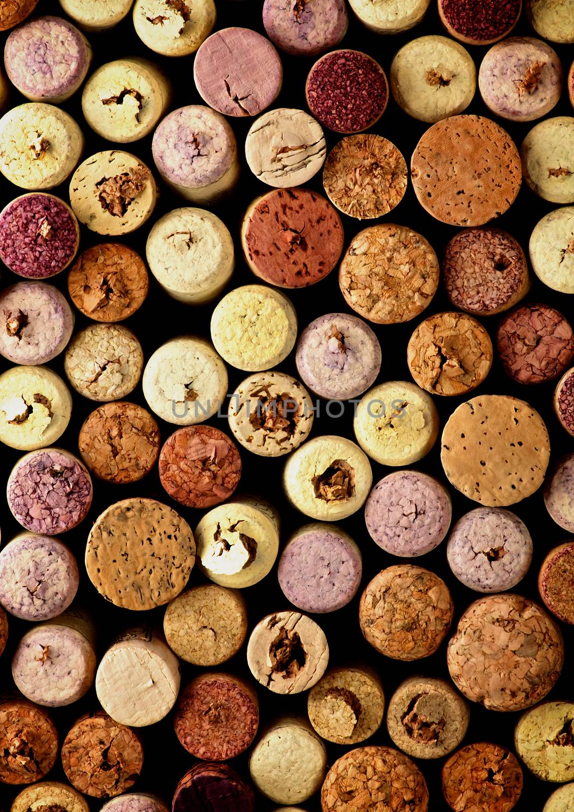 Background of Various Multi Colored Used Wine Corks closeup. Top View