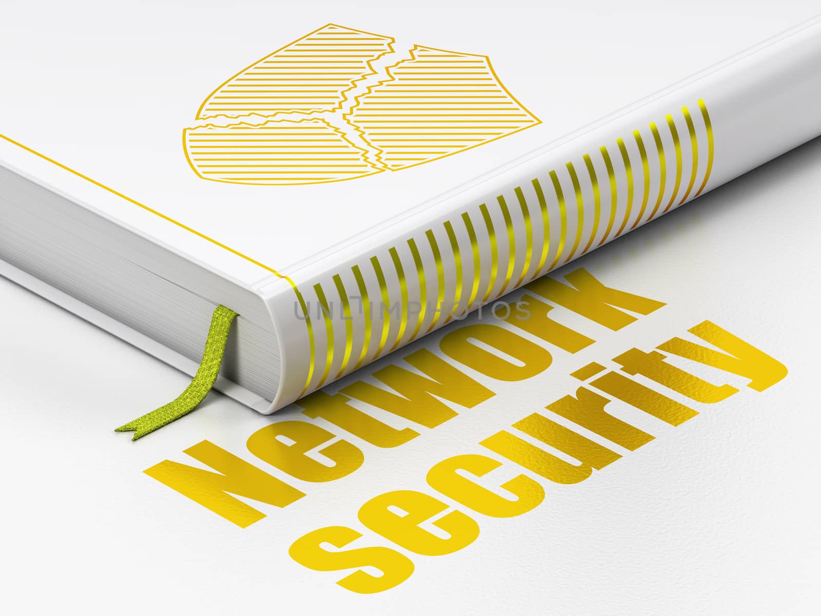 Security concept: closed book with Gold Broken Shield icon and text Network Security on floor, white background, 3D rendering