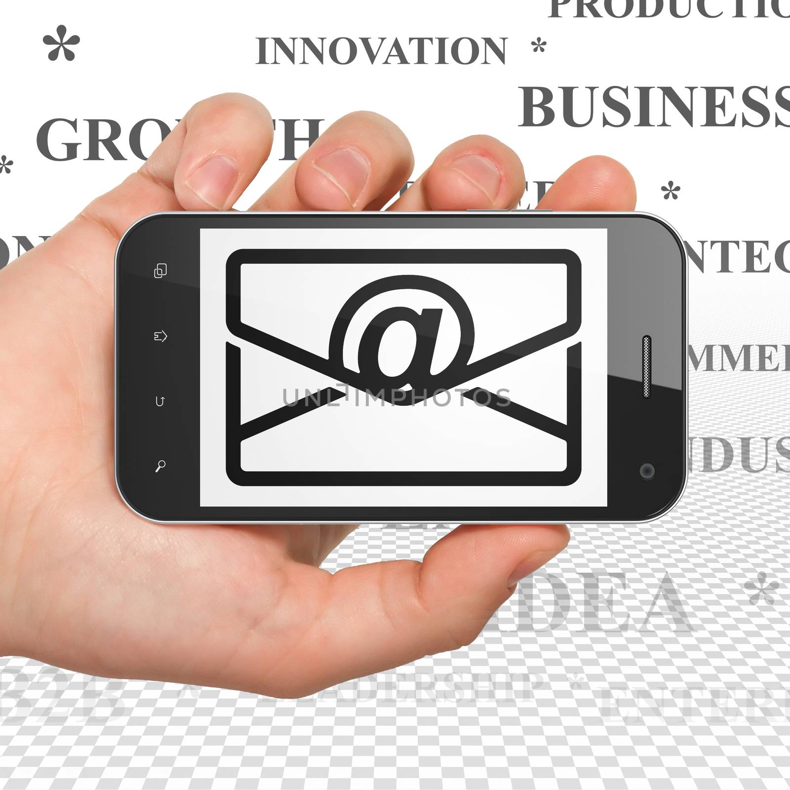 Business concept: Hand Holding Smartphone with  black Email icon on display,  Tag Cloud background, 3D rendering
