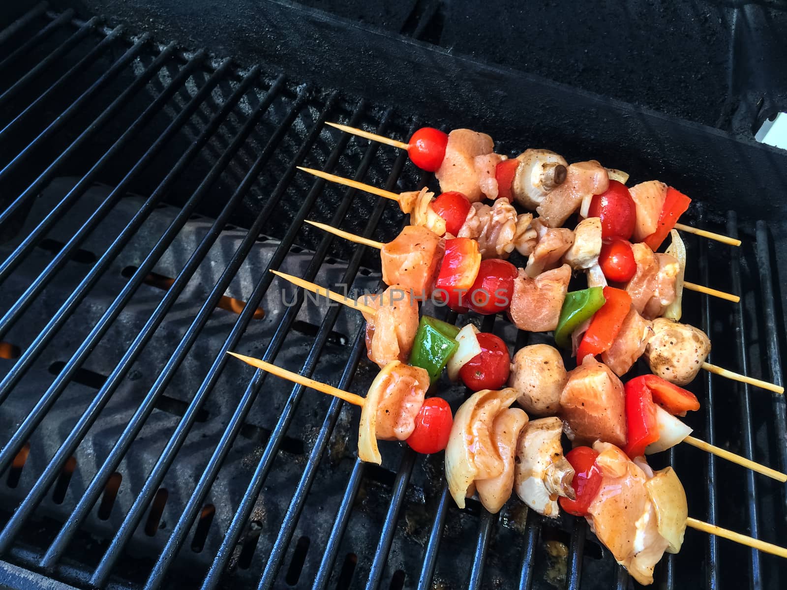 Meat and vegetable skewers ready to barbecue. Outdoor grill.