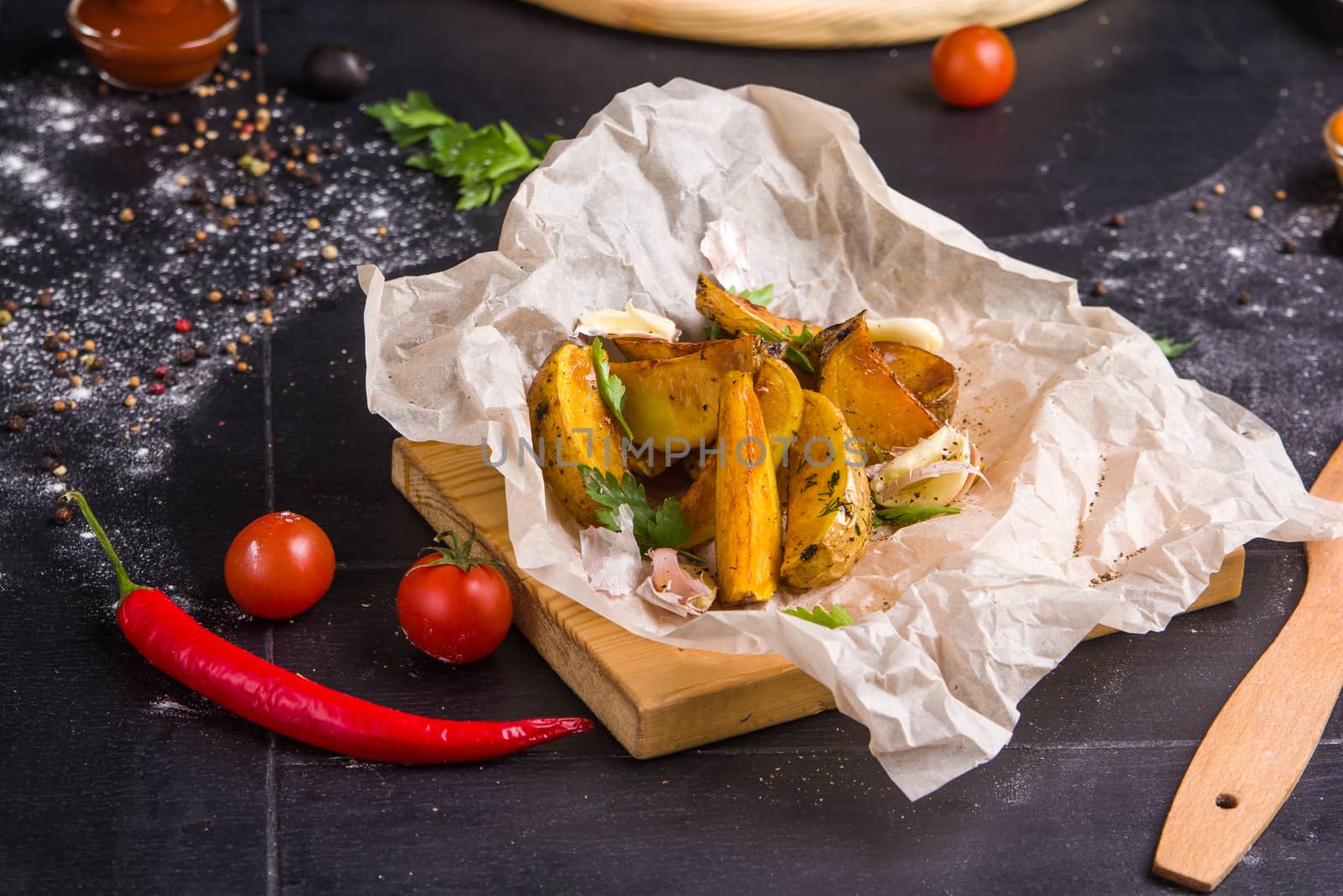 Homemade fries on a table with ingredients and cutlery around. Concept: healthy food, diet, fastfood. 