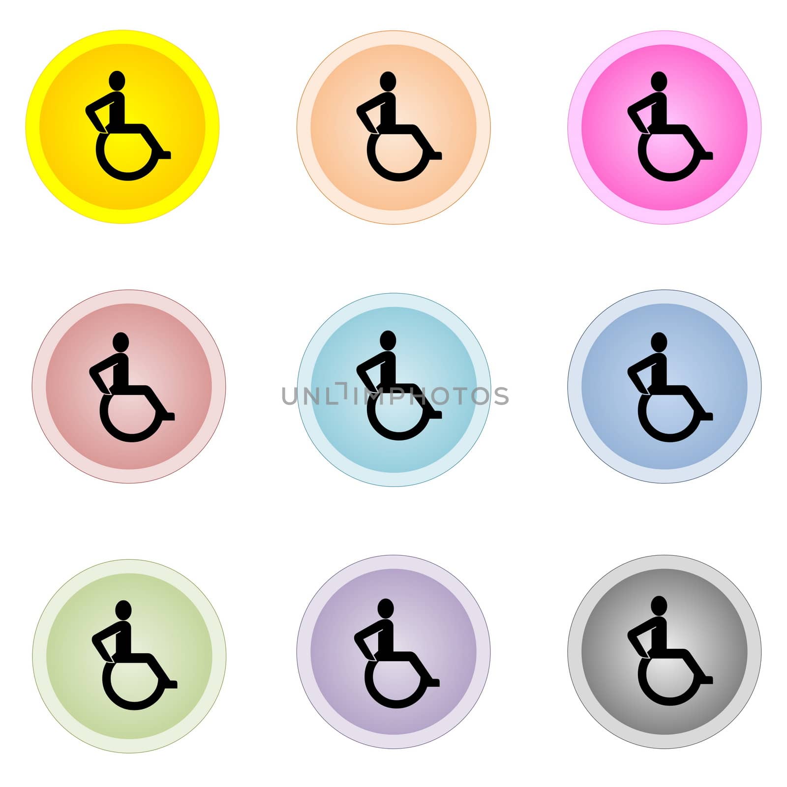Set of nine colorful buttons with handicap, disable sign isolated in white background