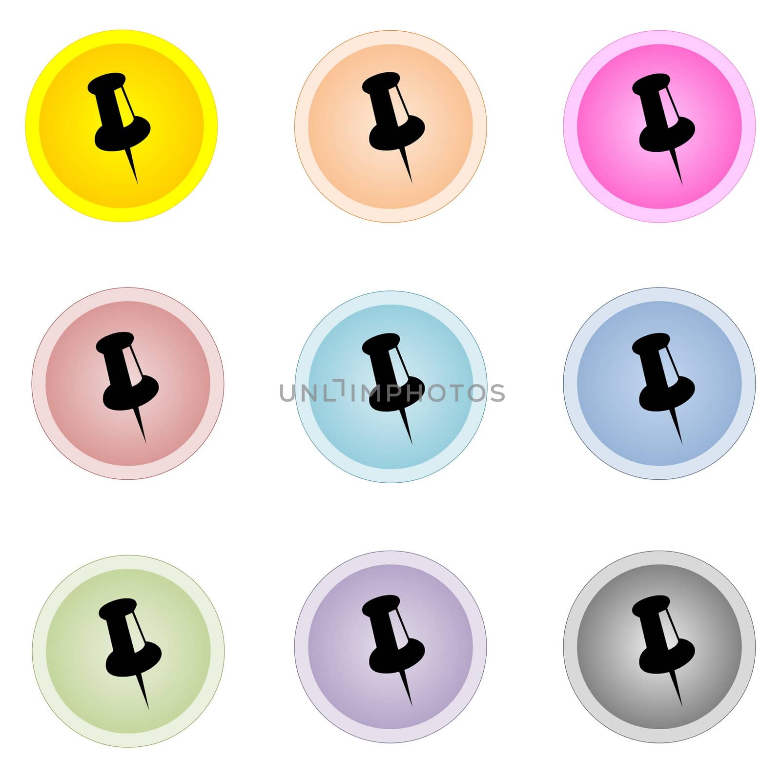 Set of nine colorful buttons with pin isolated in white background