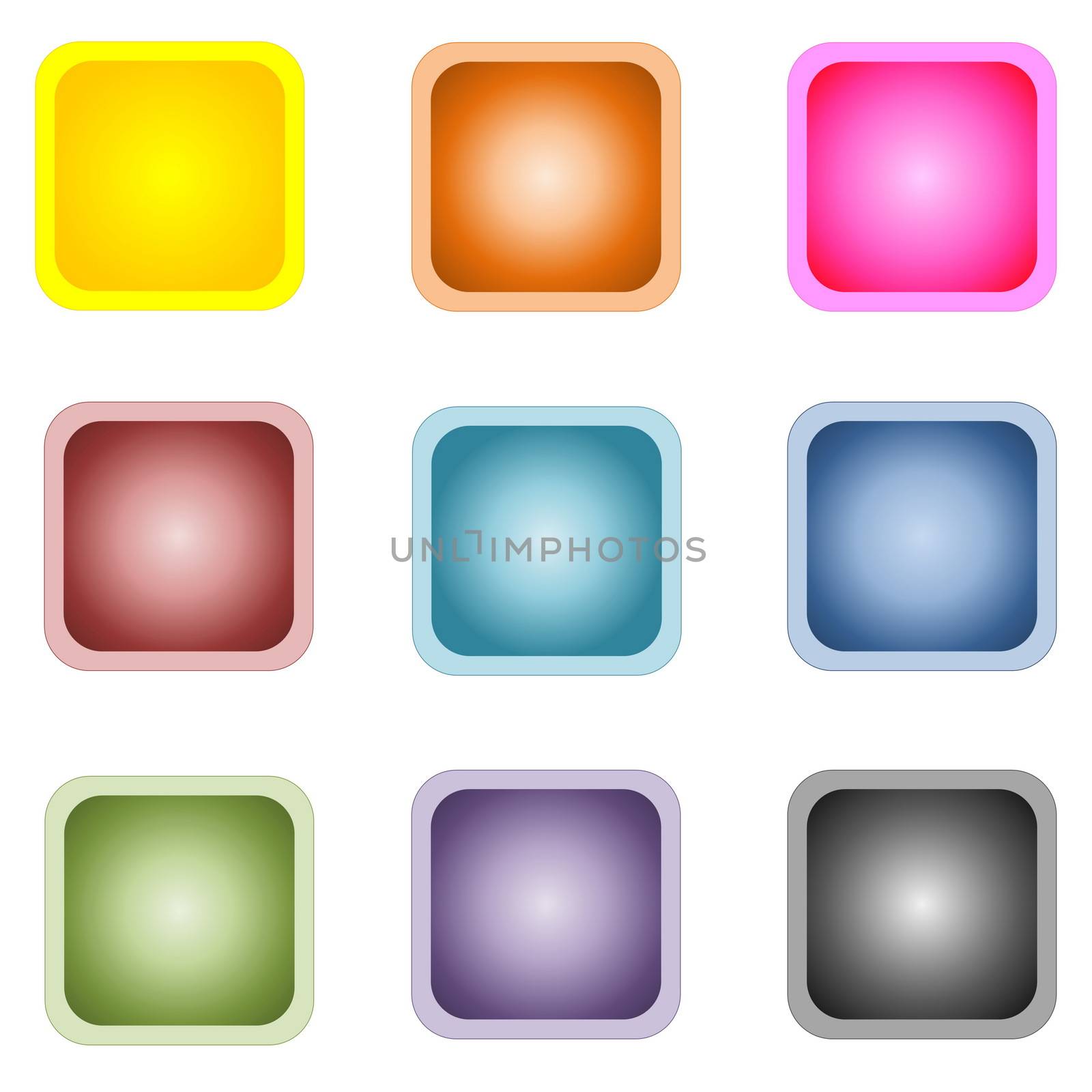 Set of nine colorful square buttons isolated in white background