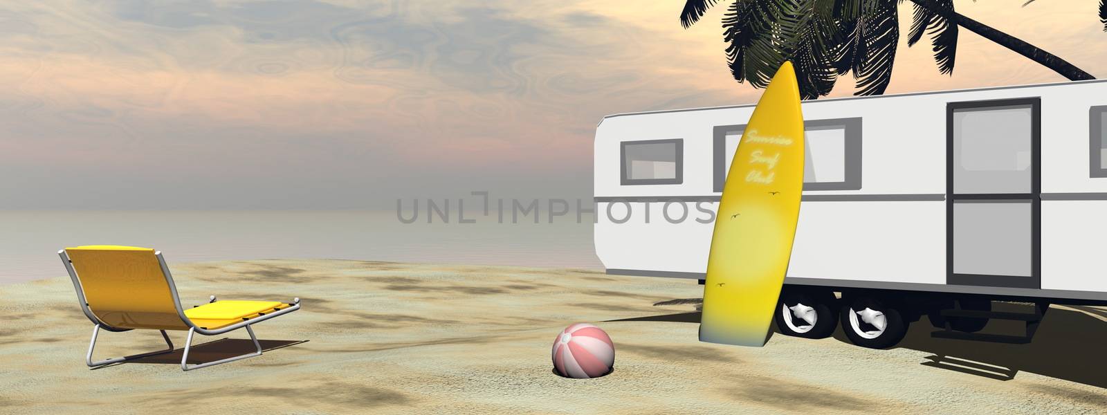 Caravan holidays at the beach, relaxing and surfing - 3D render