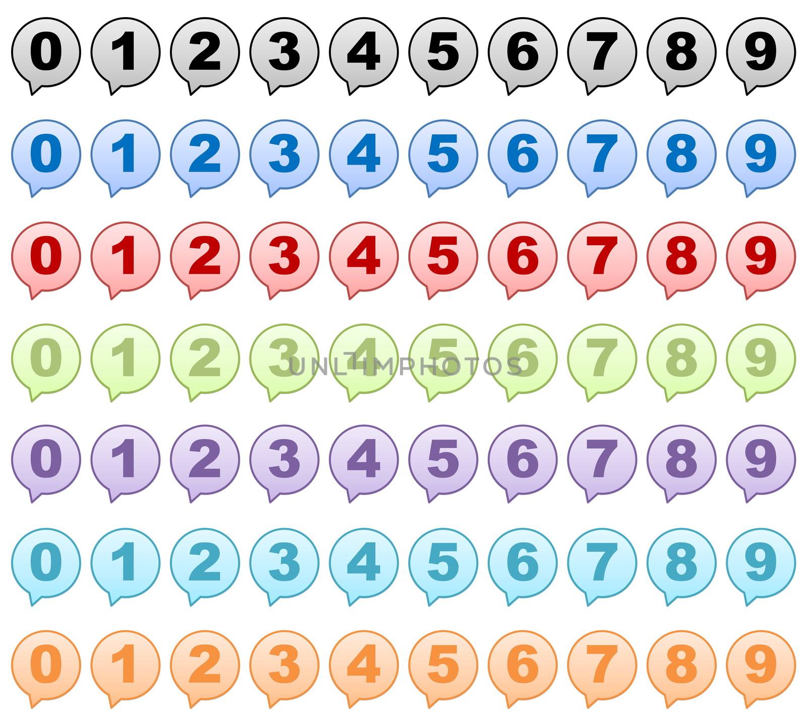 Set of colorful numbers in bubble shapes isolated in white background