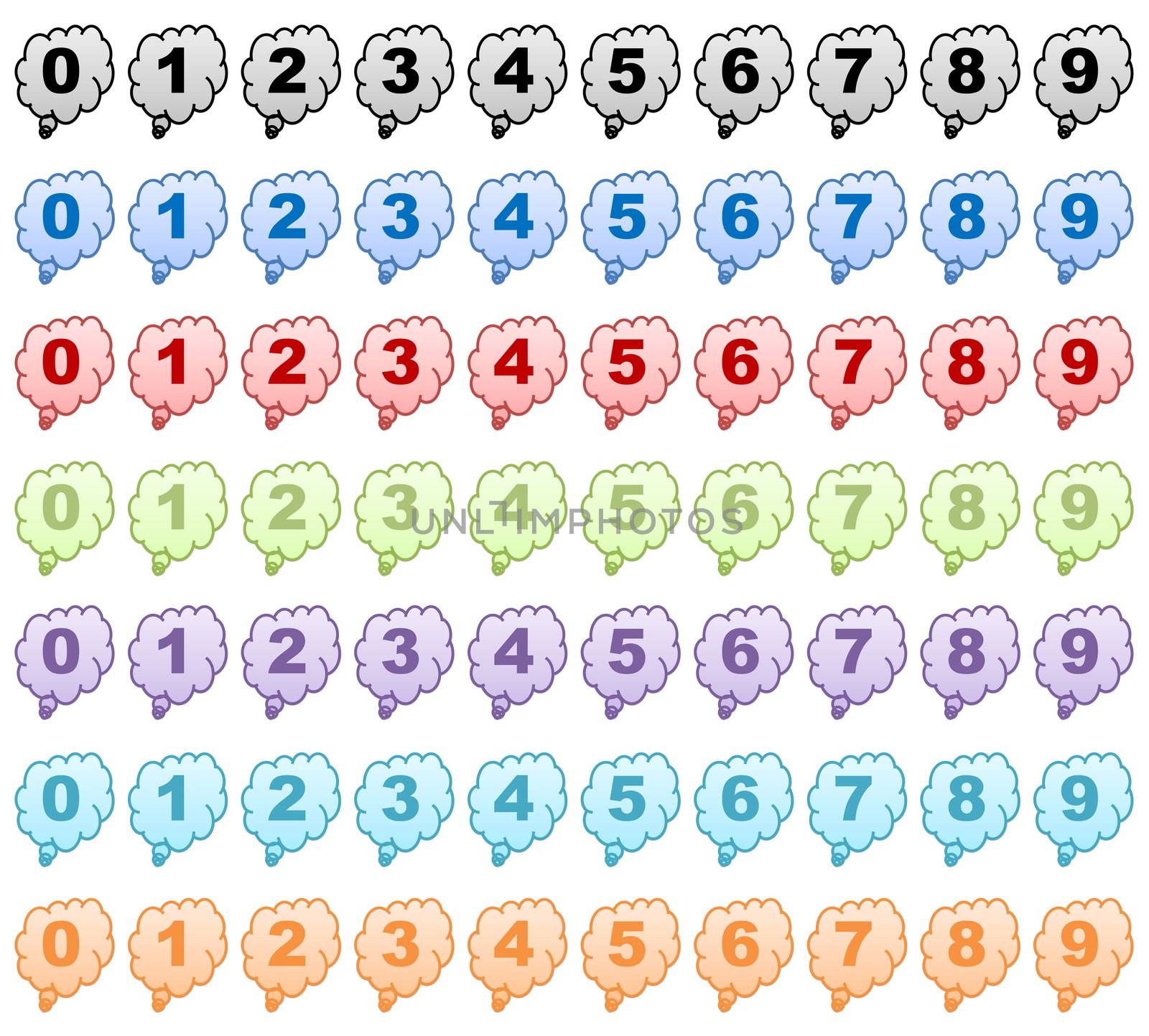 Set of colorful numbers in thought bubble shapes isolated in white background