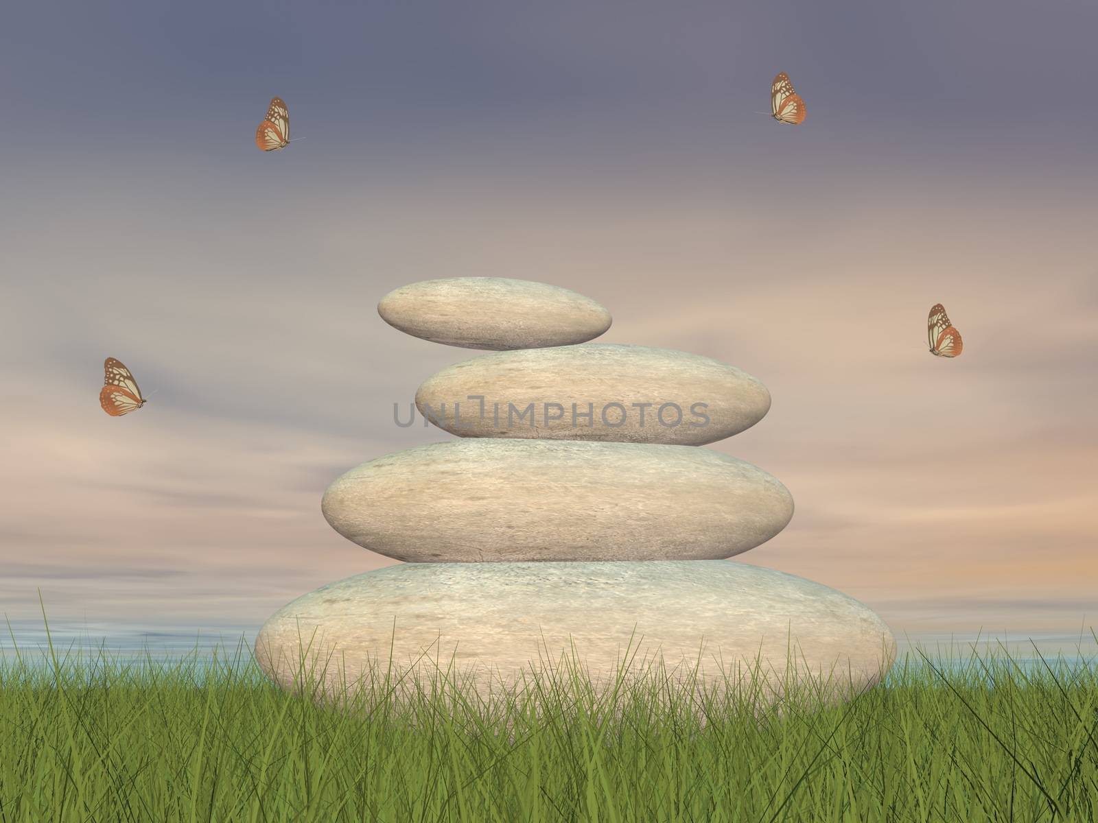 Zen stones, butterflies and peaceful landscape by sunset - 3D render