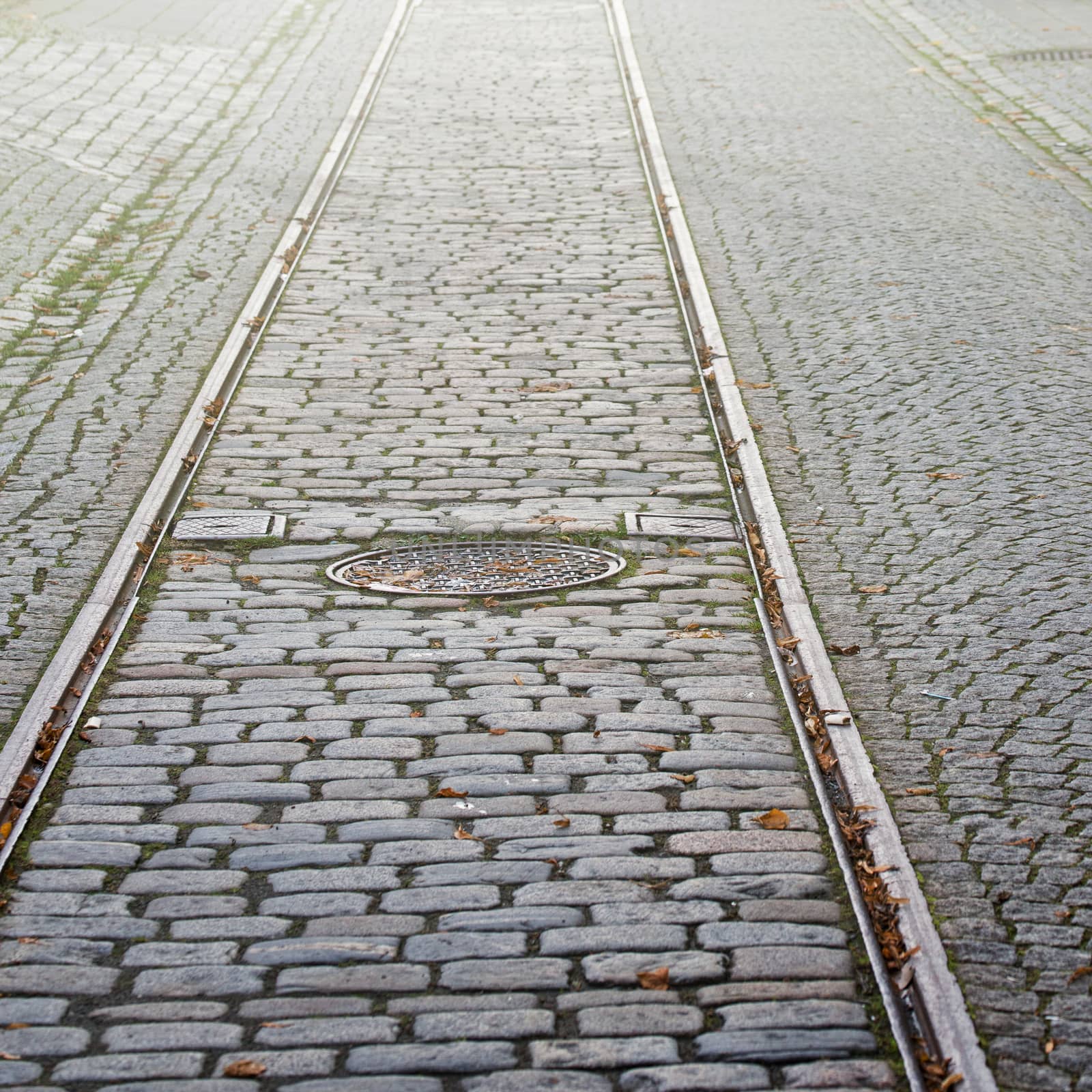 Tram rails and manhole cover on the street in Bergen, Norway