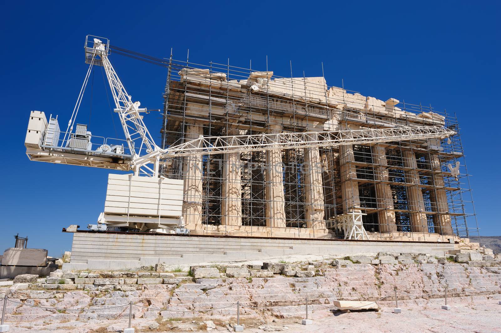 Reconstruction of Parthenon with scaffolding in Acropolis, Athens, Greece