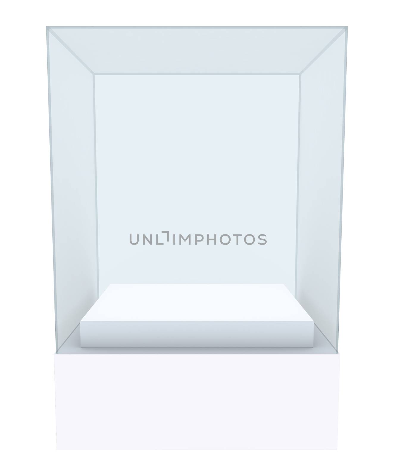Glass showcase podium in center. White background. 3D illustration