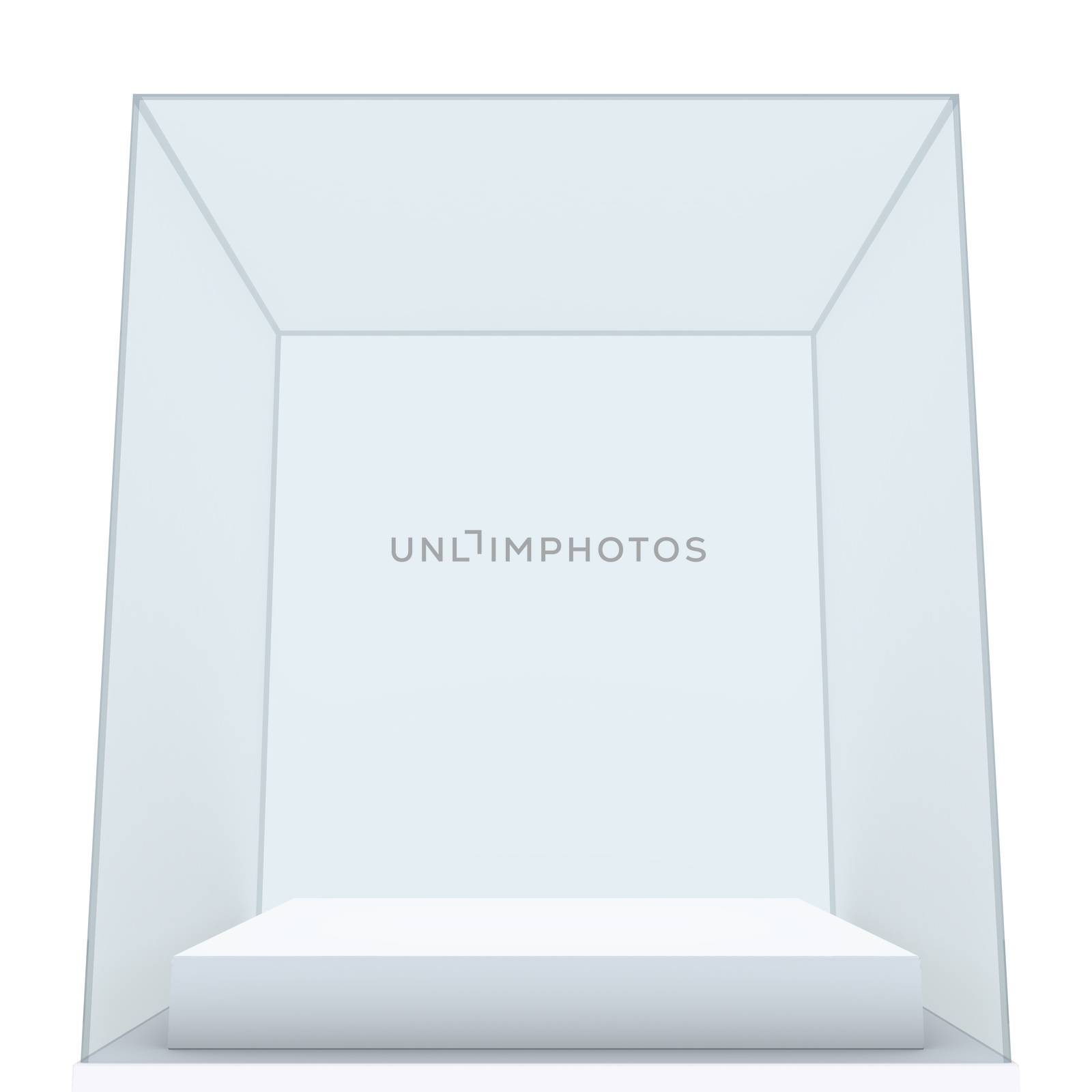 Empty glass showcase for exhibit. White background. 3D rendering