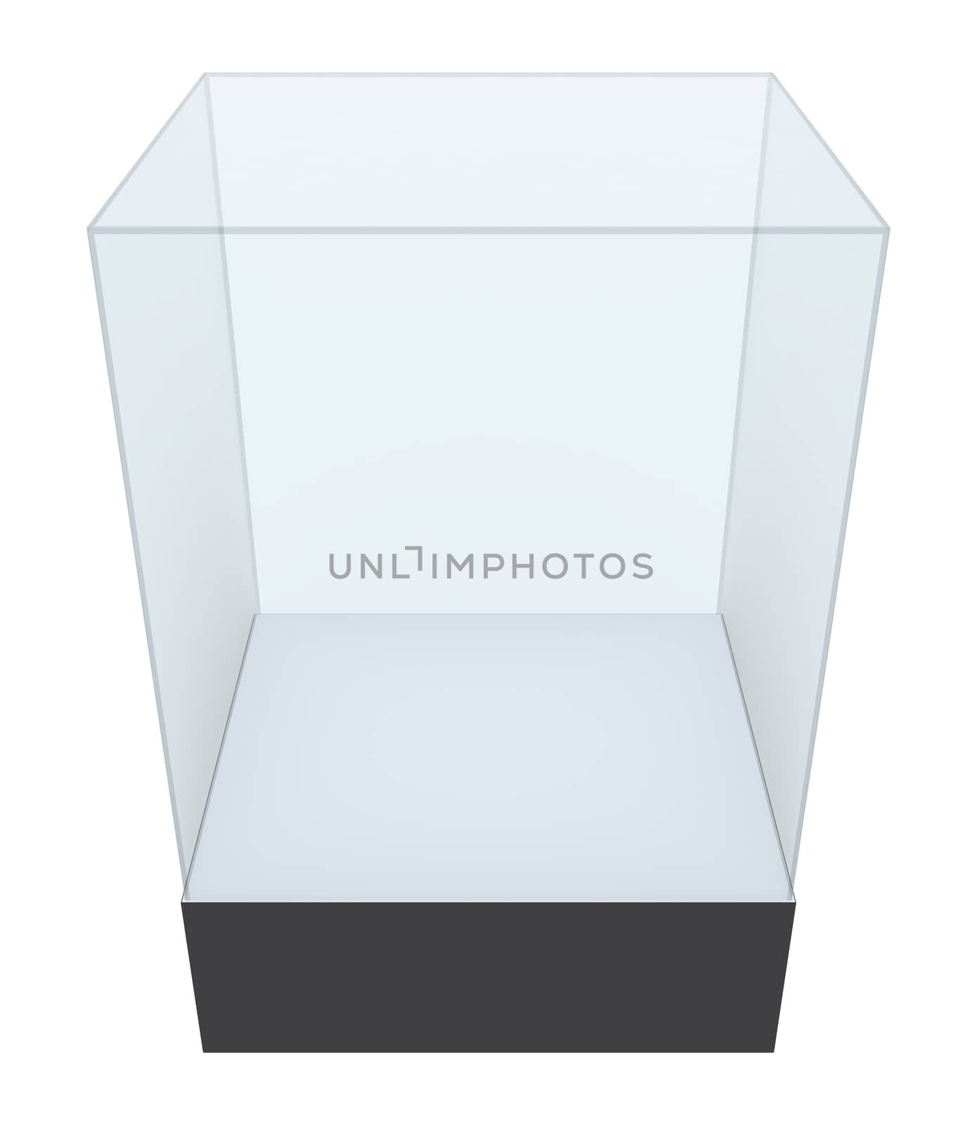 Empty glass showcase for exhibit. Isolated on white. 3D illustration