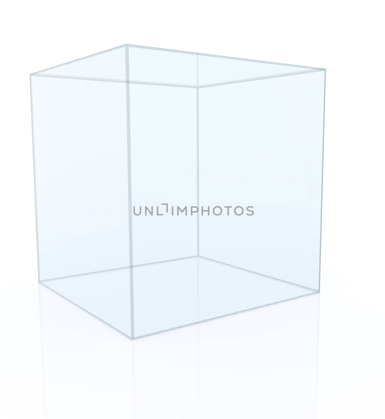 Glass cube. Showcase for project presentation. Isolated on white background. 3D illustration