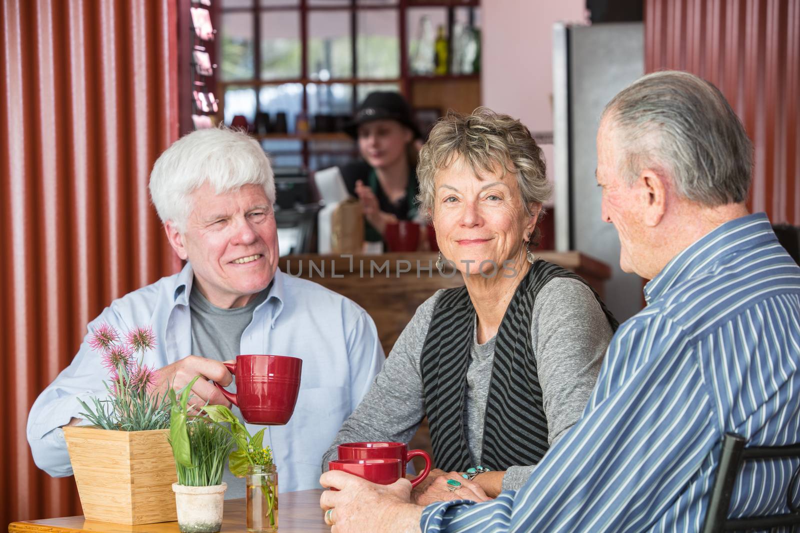 Three mature friends in a coffee house