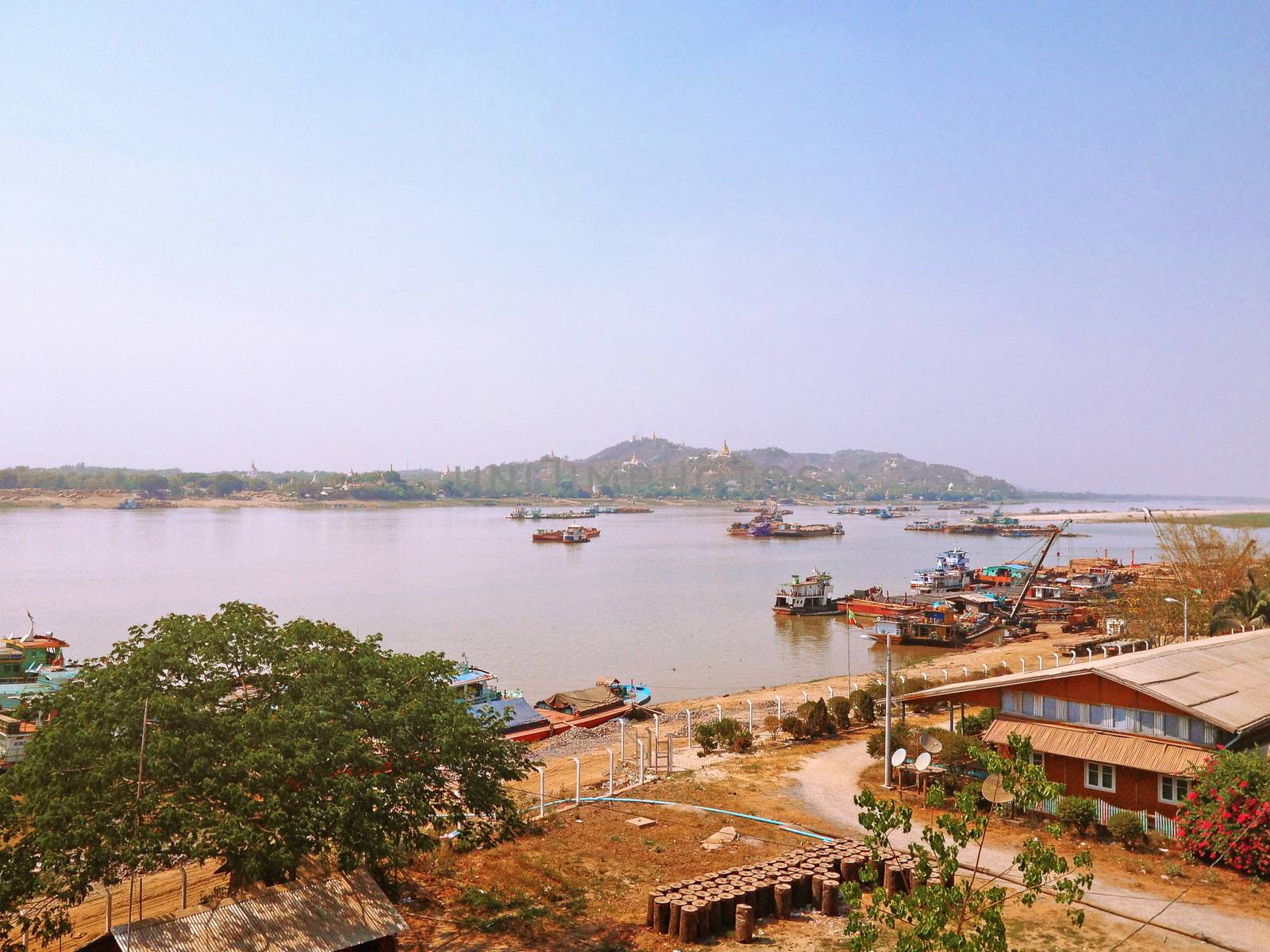 Landscape view from Tadar Road Bridge Sagaing Irrawaddy River approaching Mandalay, Myanmar