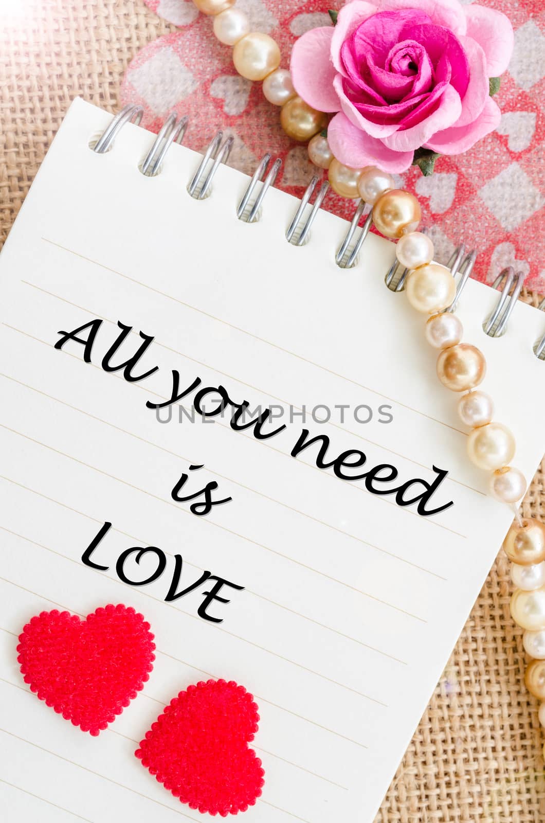 All you need is love on diary with red heart and rose. by Gamjai