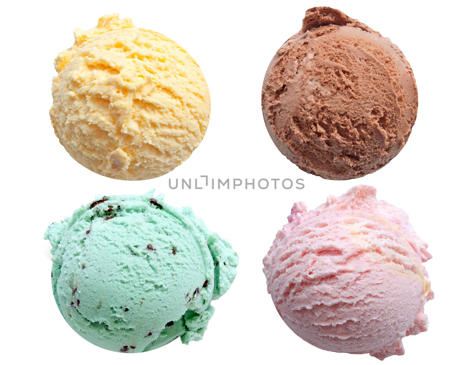 Four ice cream scoops isolated on a white background including vanilla, chocolate, mint and strawberry