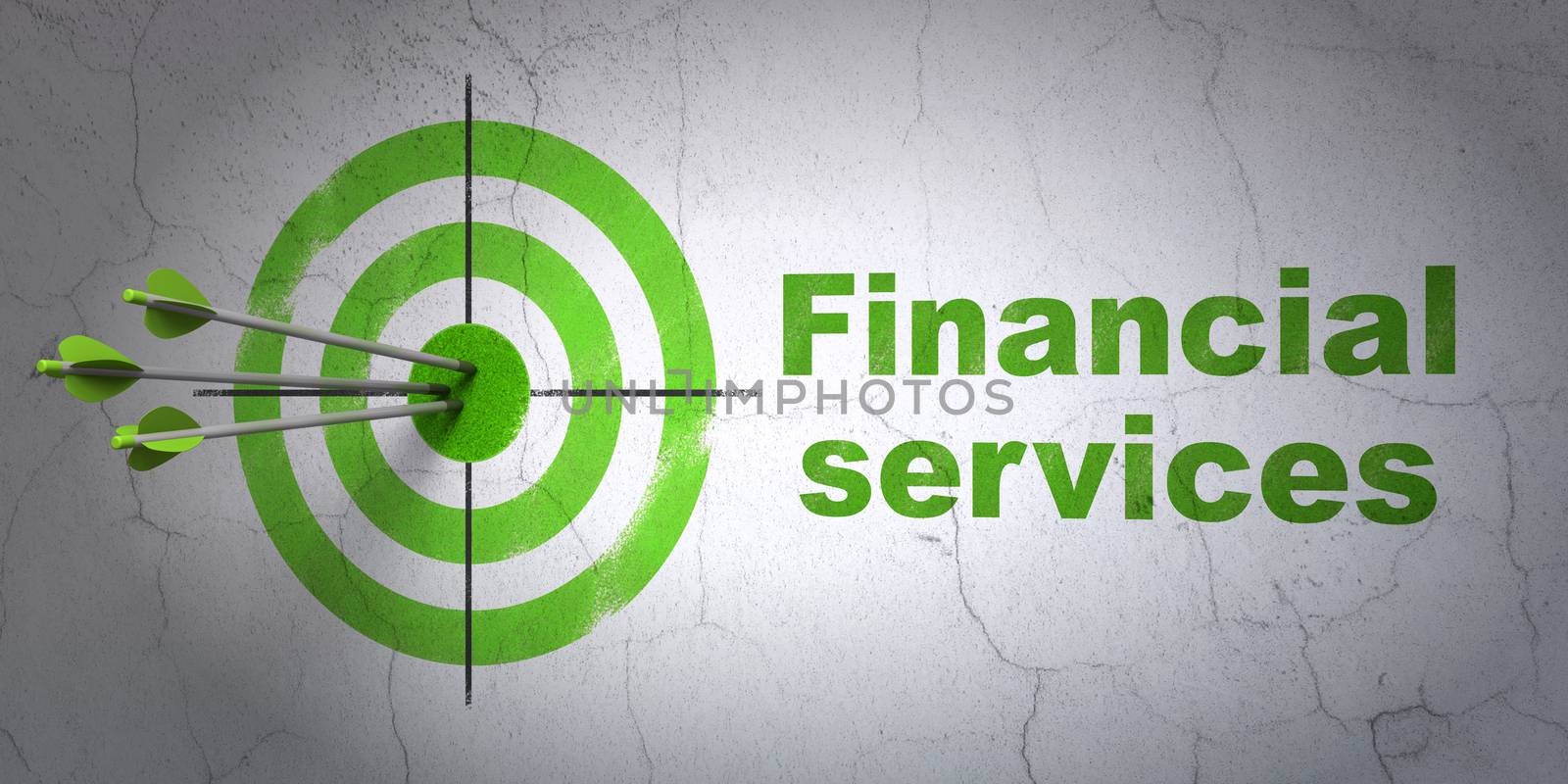 Success currency concept: arrows hitting the center of target, Green Financial Services on wall background, 3D rendering