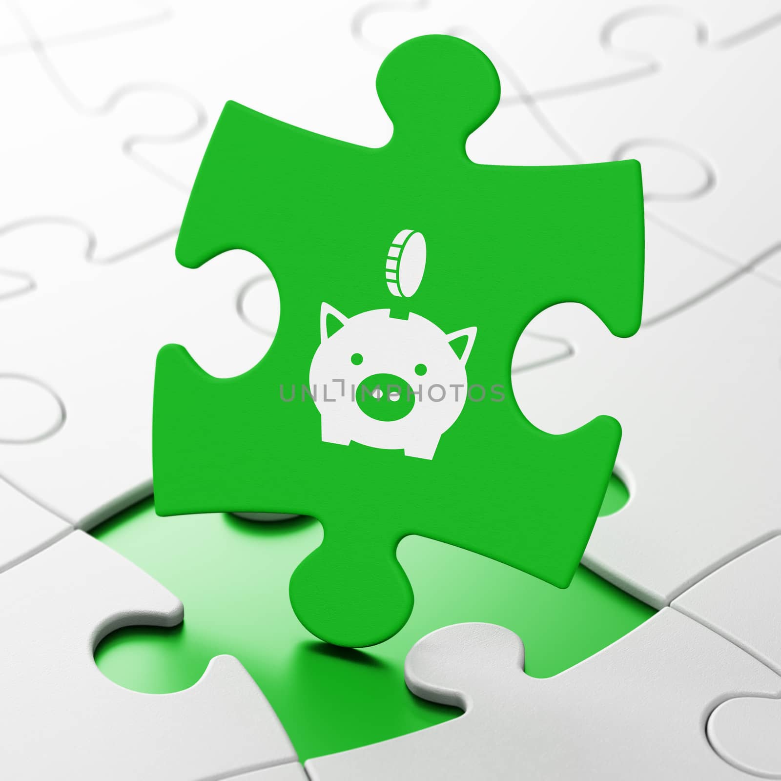 Banking concept: Money Box With Coin on Green puzzle pieces background, 3D rendering