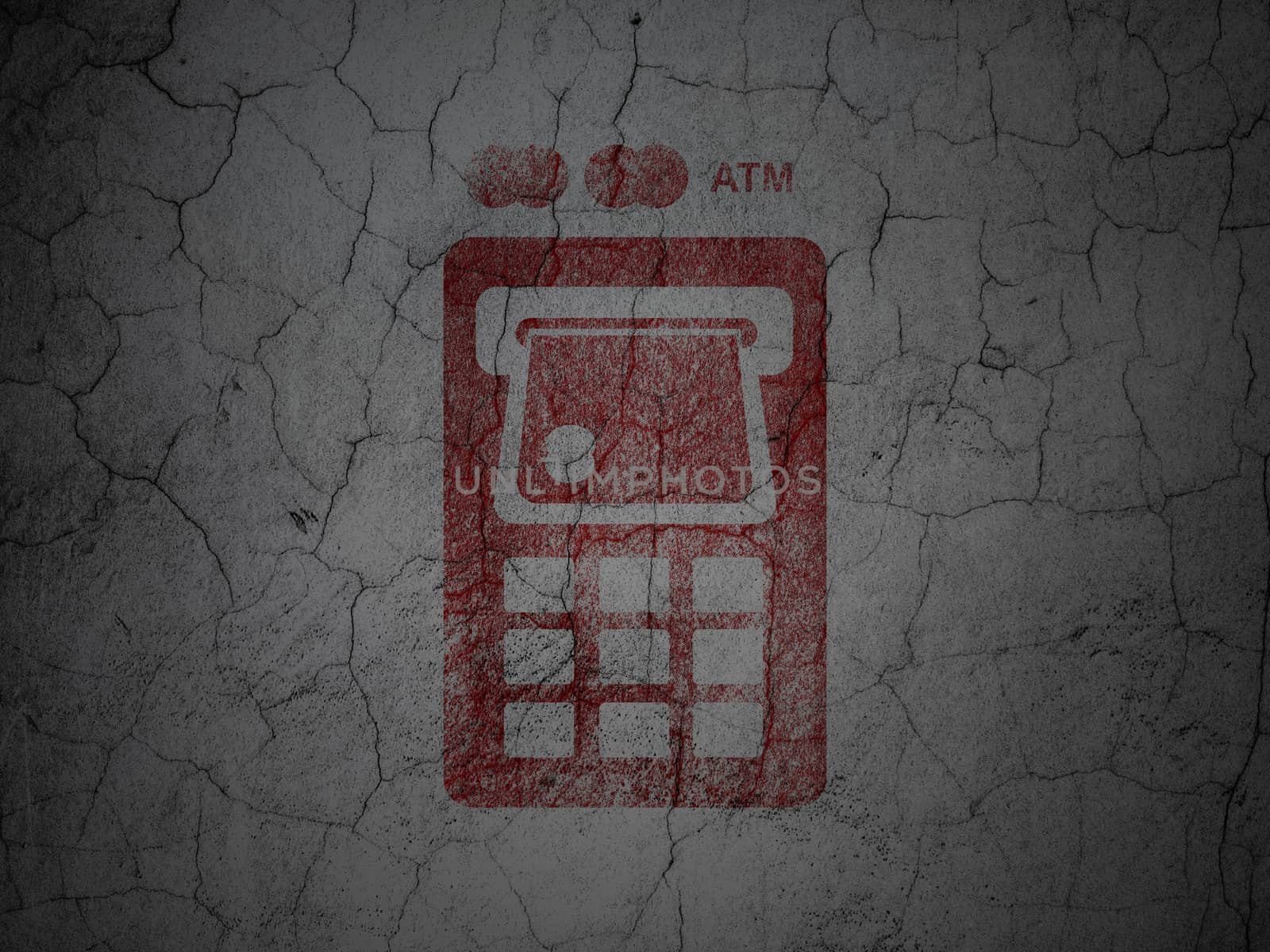 Banking concept: Red ATM Machine on grunge textured concrete wall background