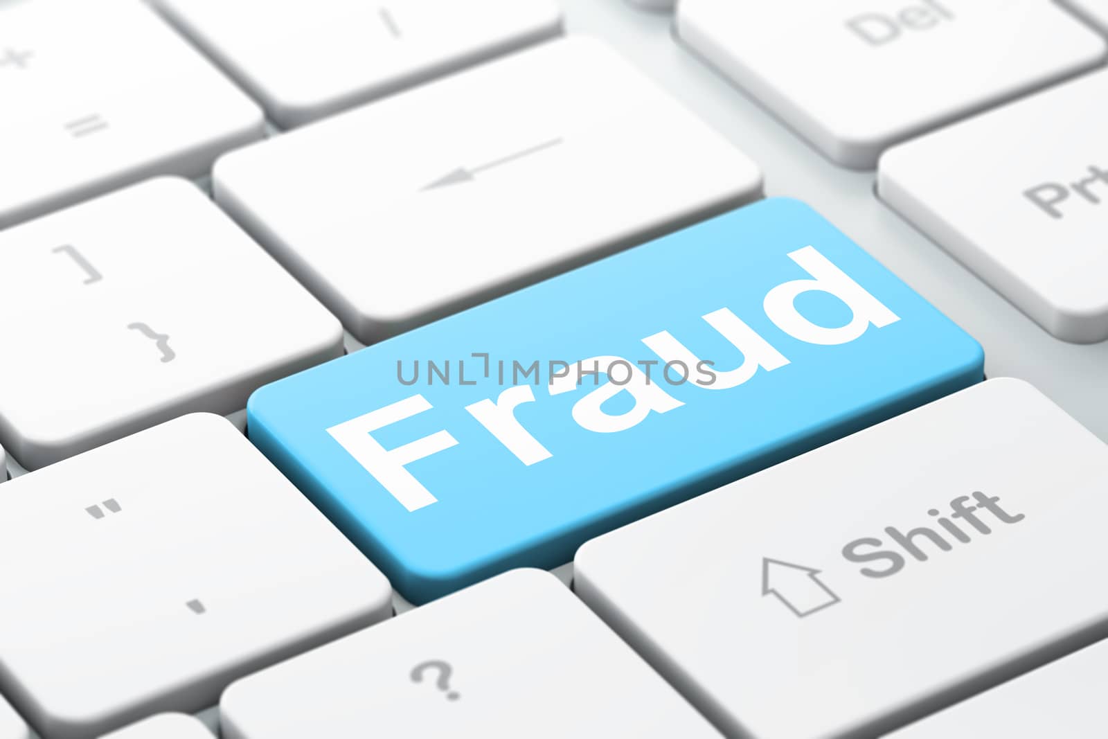 Privacy concept: computer keyboard with word Fraud, selected focus on enter button background, 3D rendering