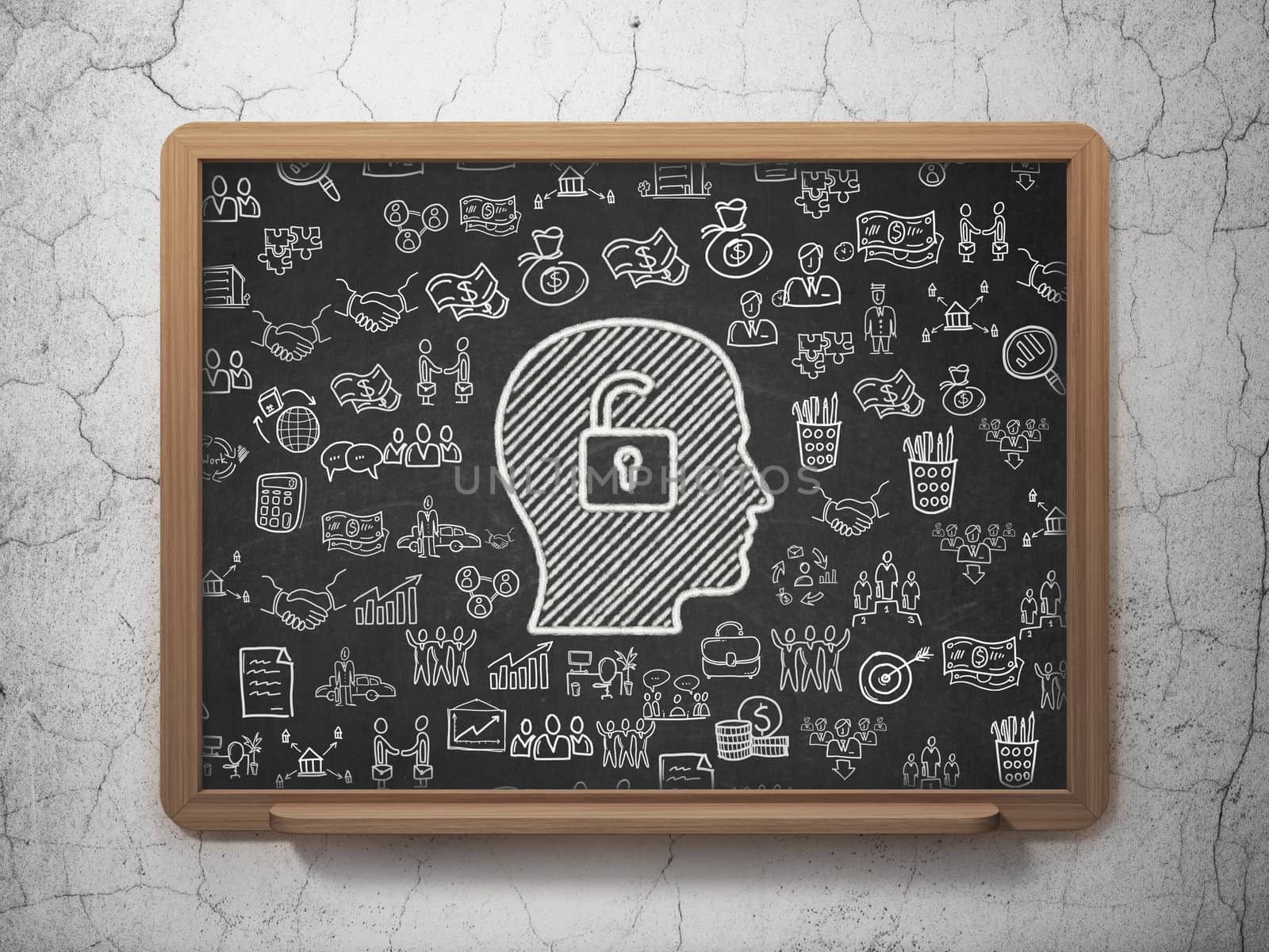 Business concept: Chalk White Head With Padlock icon on School board background with  Hand Drawn Business Icons, 3D Rendering
