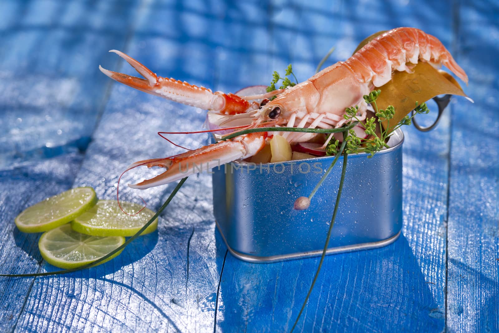 Presentation of a crustacean with mixed vegetables in box 