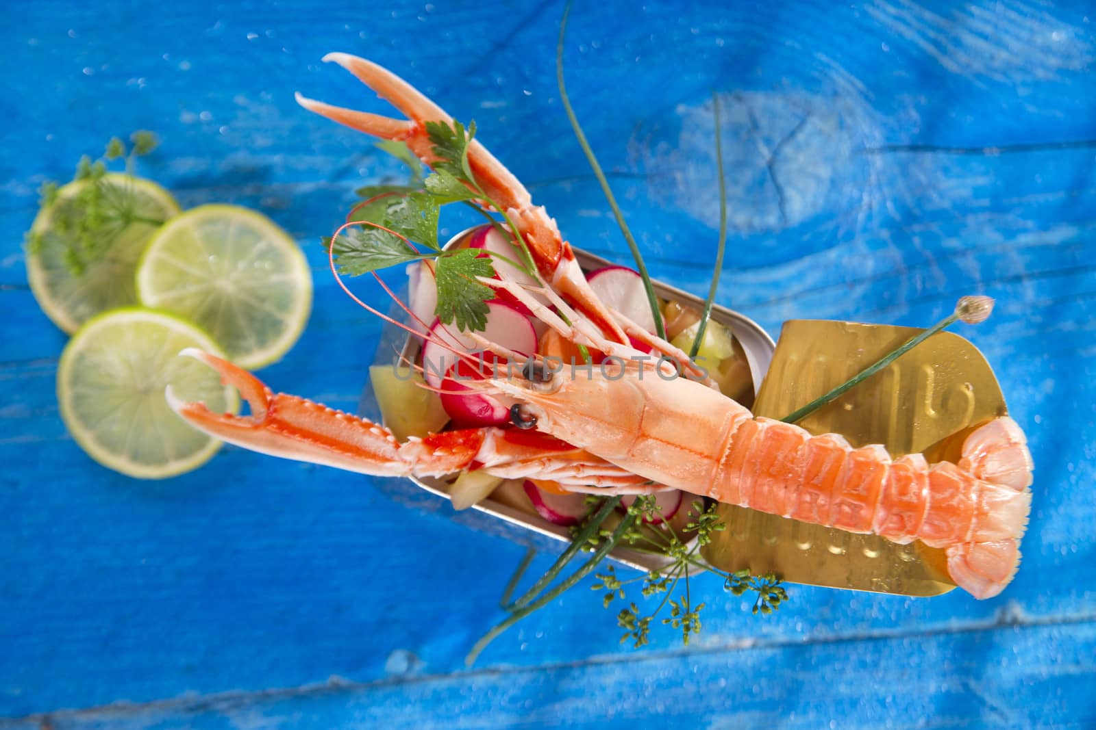 Presentation of a crustacean with mixed vegetables in box 