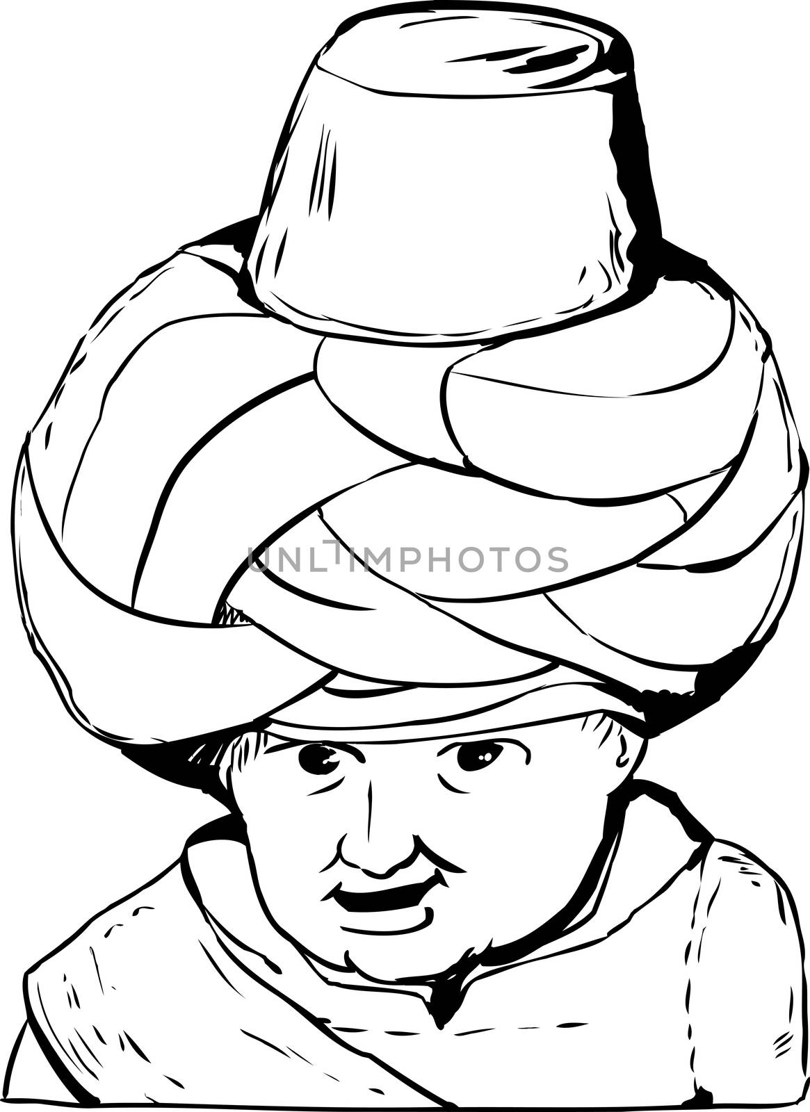 Sketch outline close up on smiling face of 18th century Arab or Turkish Muslim doll over white background