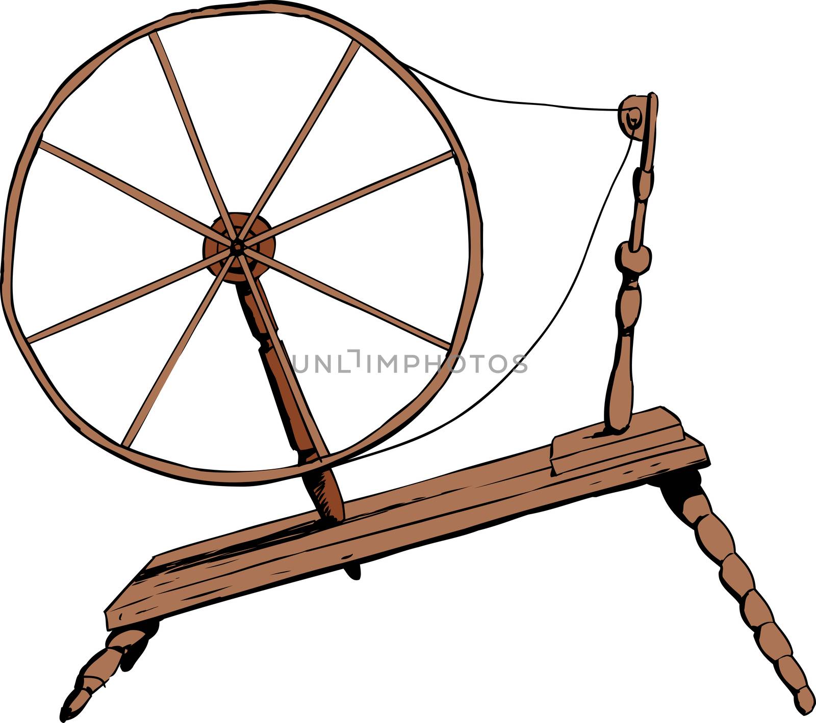 Illustration of side view on single old fashioned wooden 18th century era textile spinning wheel