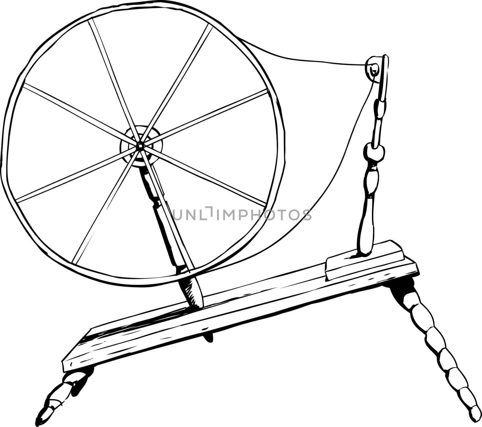 Outlined side view on single old fashioned wooden 18th century era textile spinning wheel