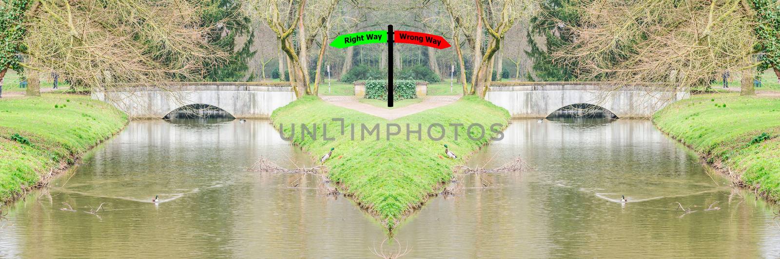 Two small concrete bridge over a moat divided by an island.
Symbolizes, find the correct path.