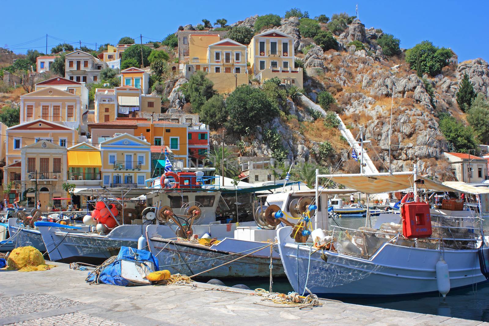 Fishing boats at the harbour of Symi. Dodecanese, Greece, Europe