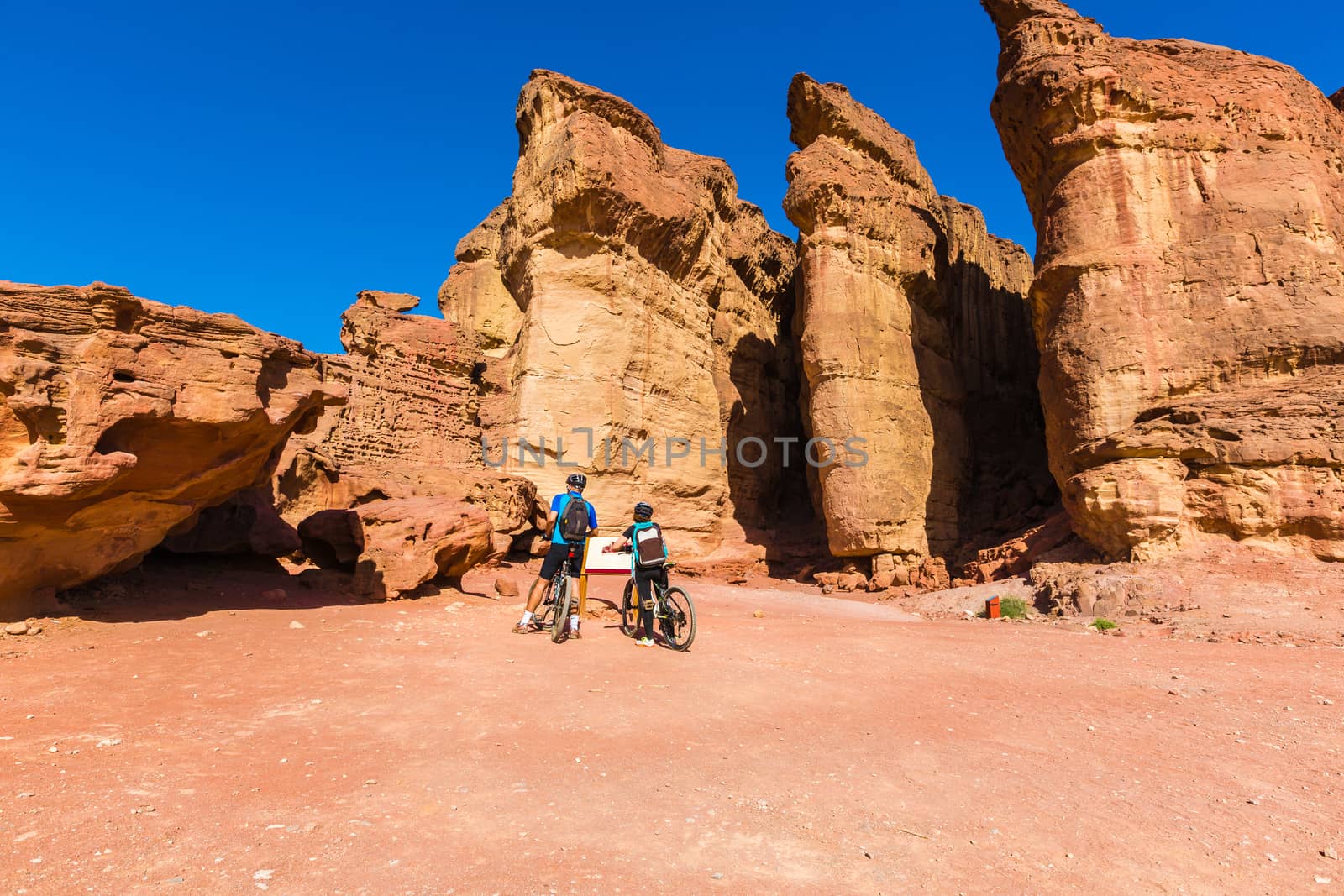 desert landscape, people riding bicycles along the canyon
