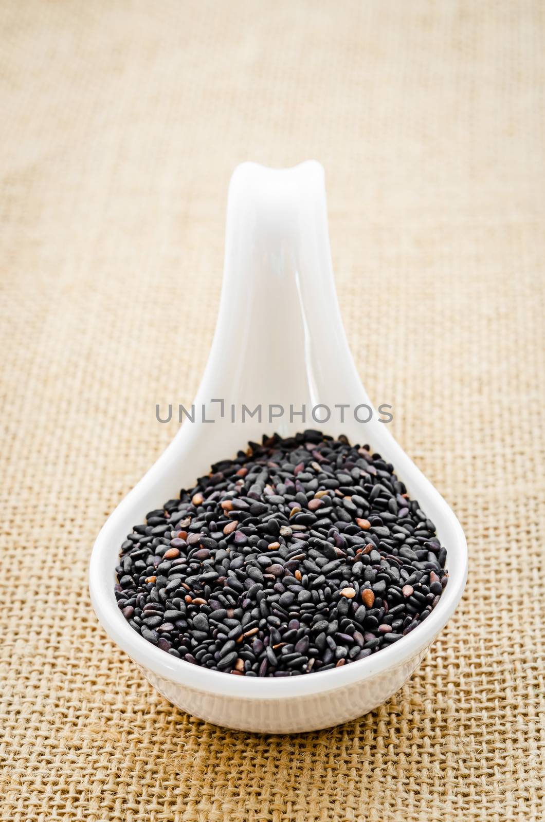 Black sesame seeds in white spoon. by Gamjai